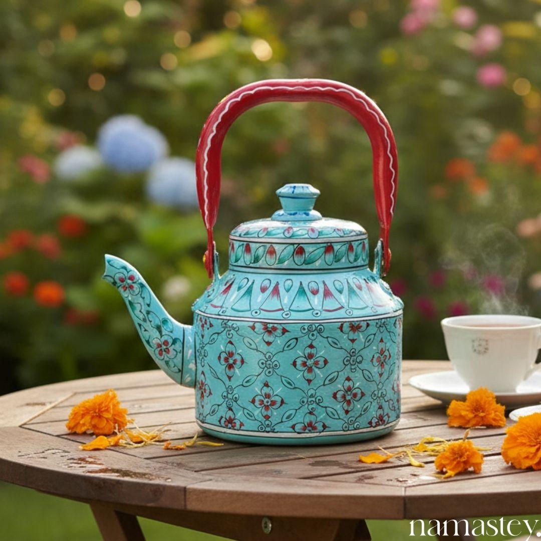 Blue Peony – Handpainted Stainless Steel Tea Kettle (1L)