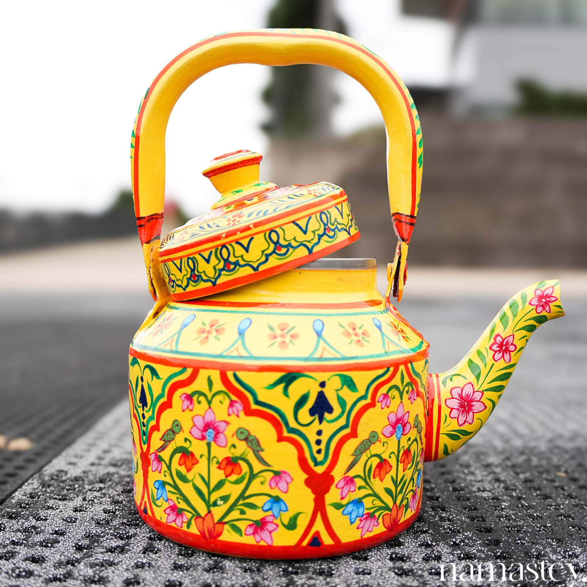 Basant Garden – Handpainted Stainless Steel Tea Kettle (1L)