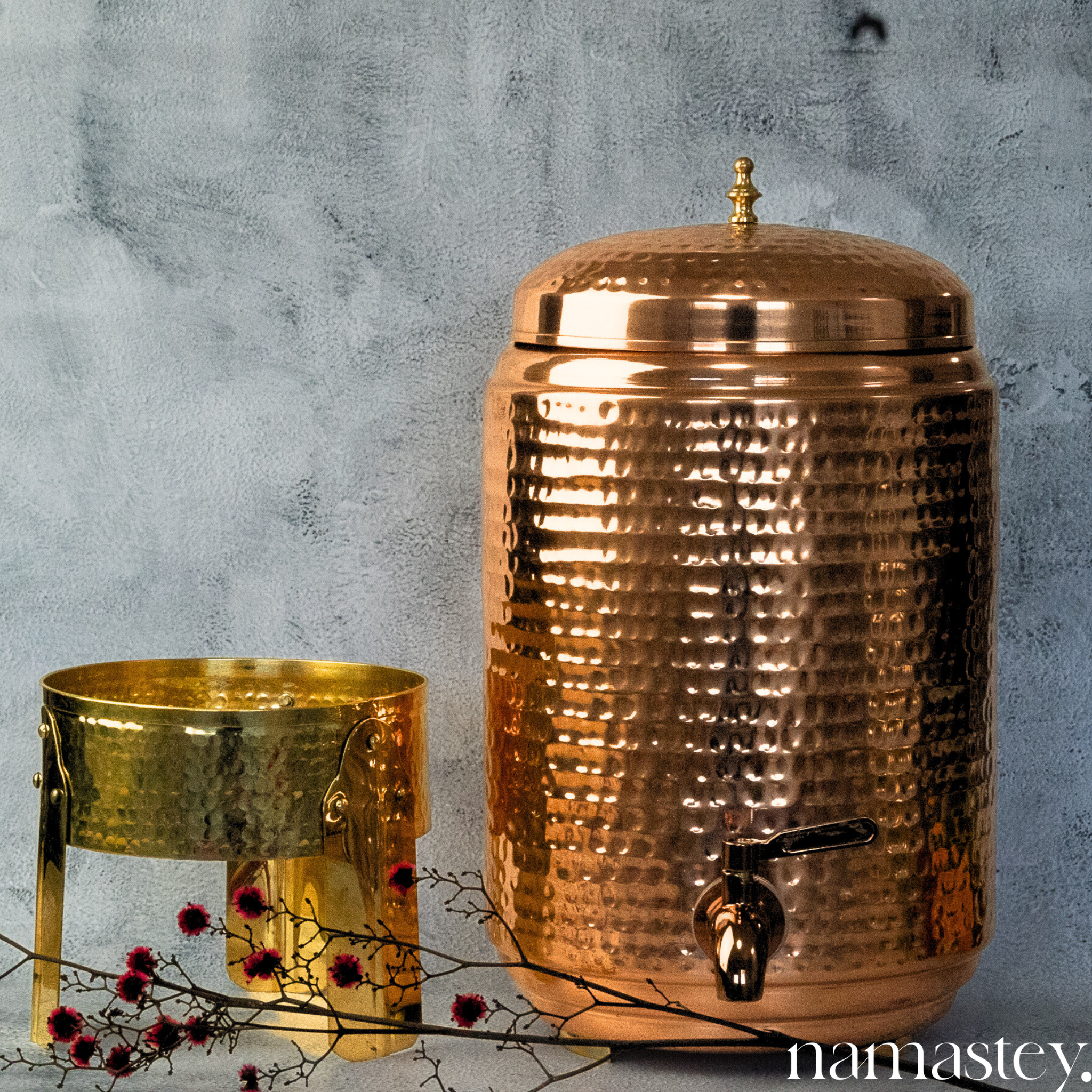 Hammered Copper Water Dispenser with Brass Stand - 8L