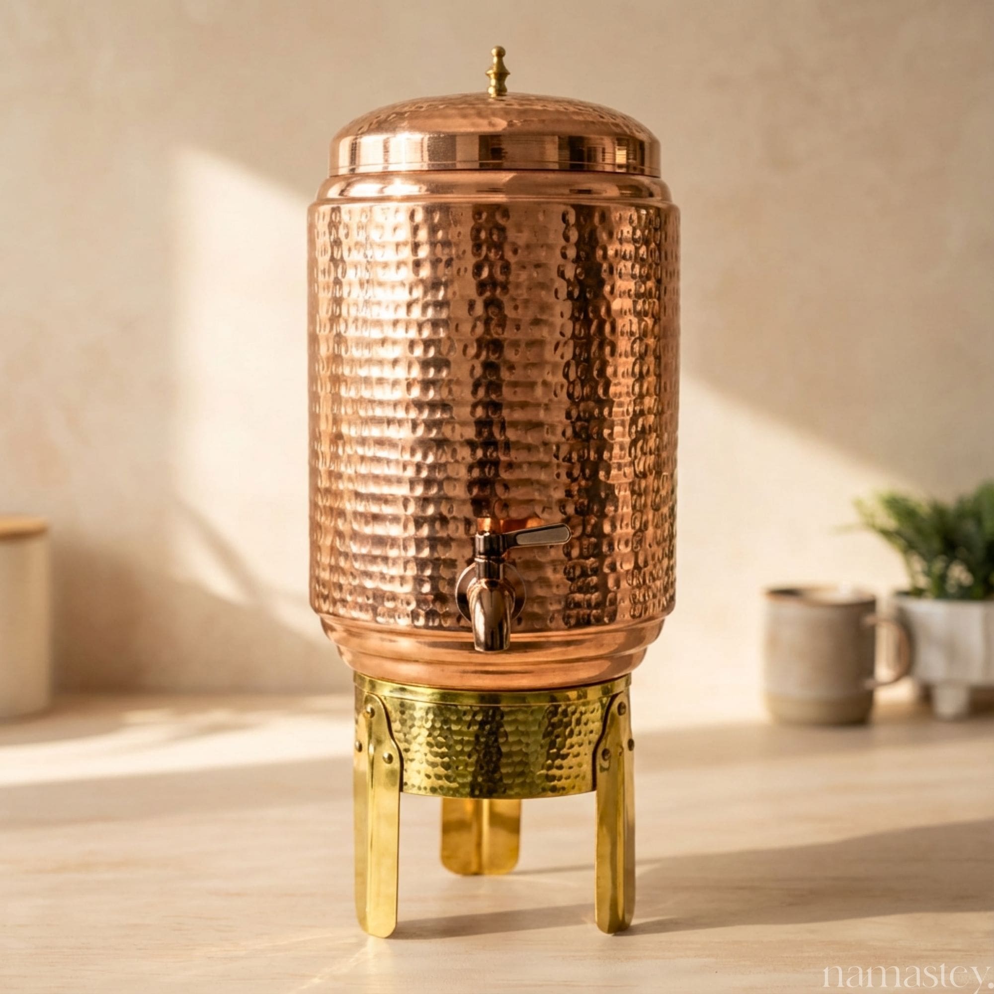 Hammered Copper Water Dispenser with Brass Stand - 8L