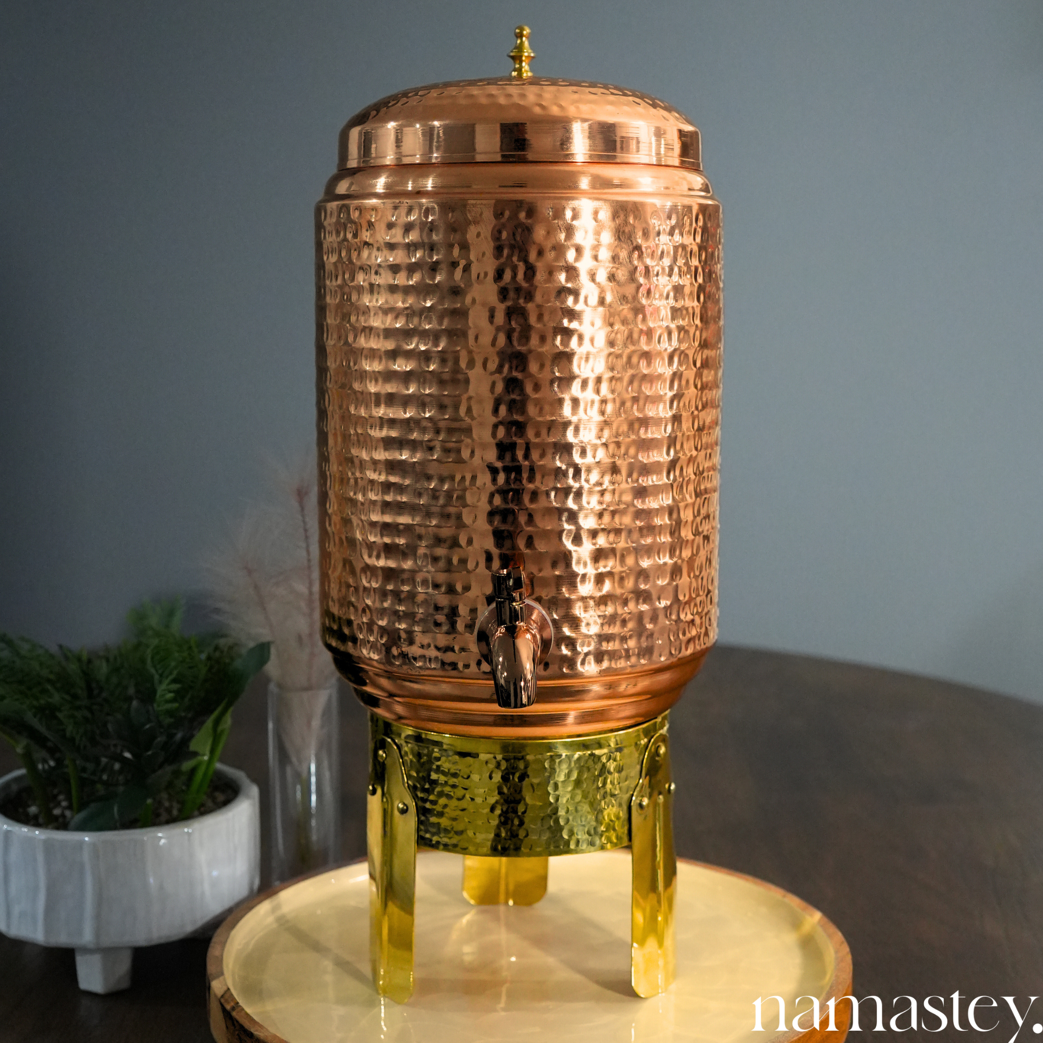 Hammered Copper Water Dispenser with Brass Stand - 8L