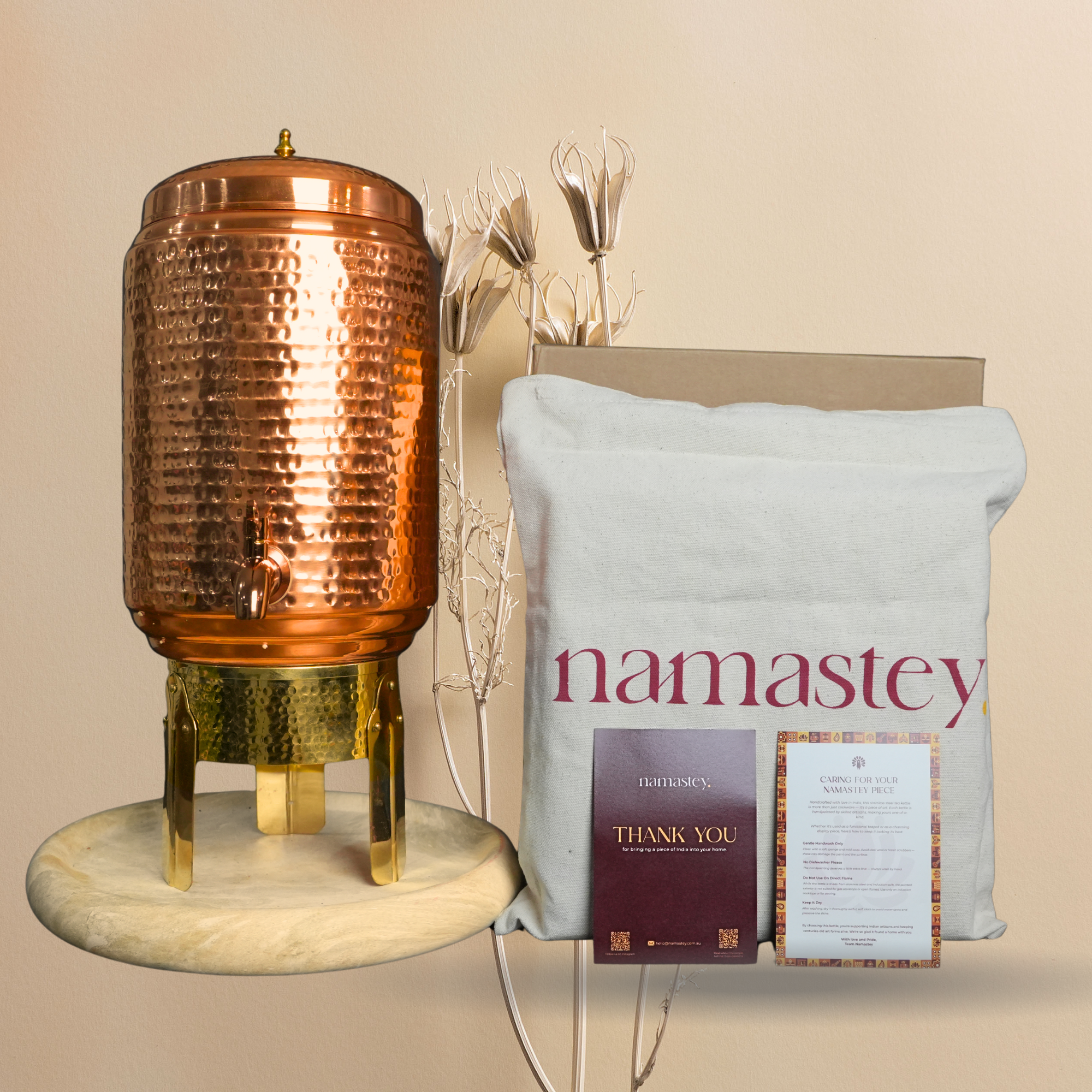 Hammered Copper Water Dispenser with Brass Stand - 8L