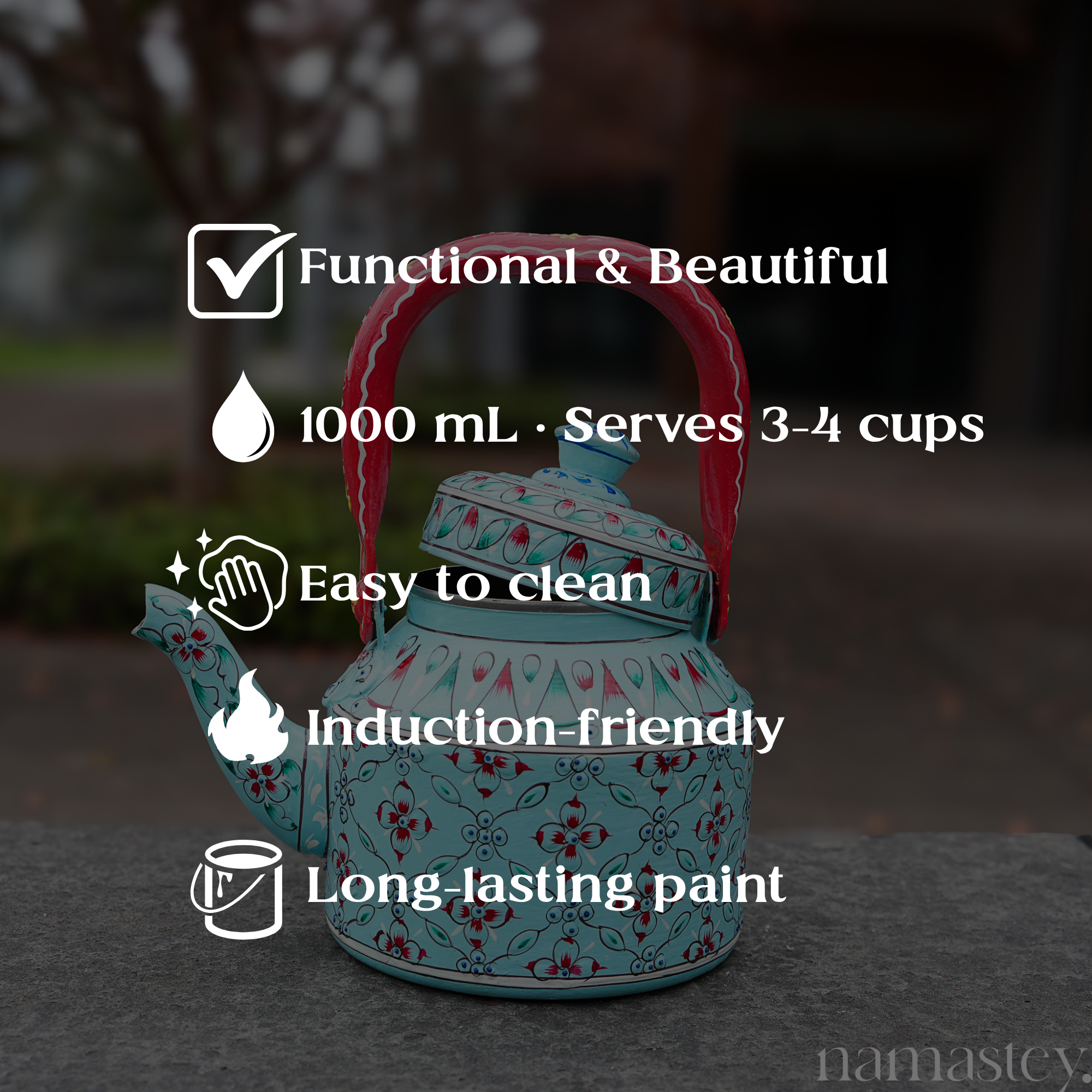 Blue Peony – Handpainted Stainless Steel Tea Kettle (1L)