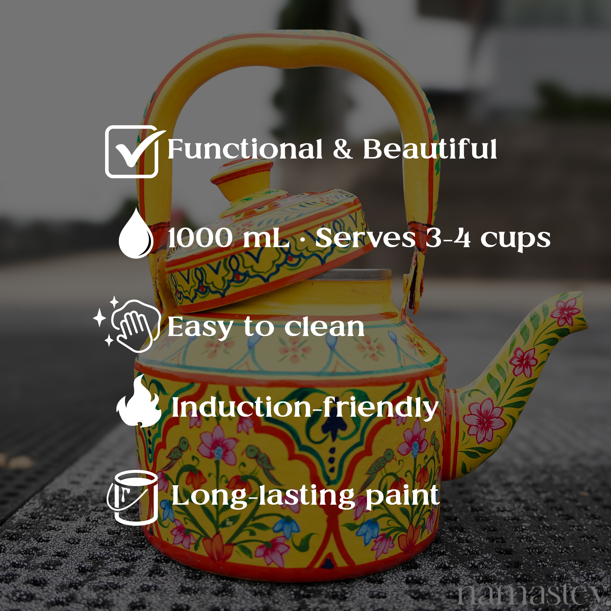 Basant Garden – Handpainted Stainless Steel Tea Kettle (1L)