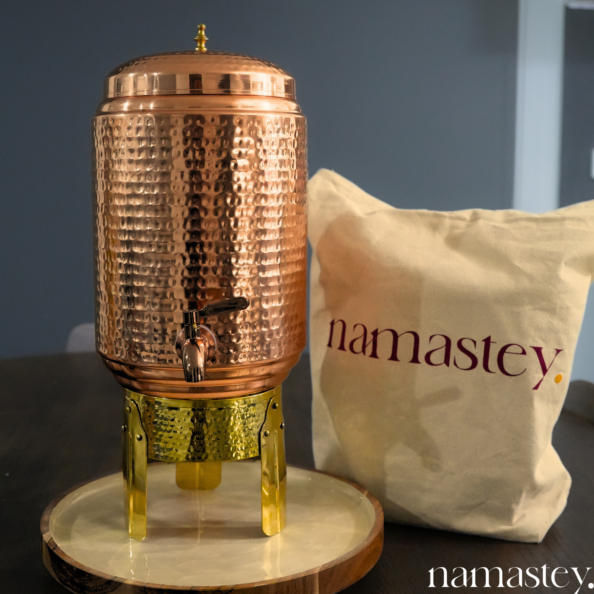 Hammered Copper Water Dispenser with Brass Stand - 8L