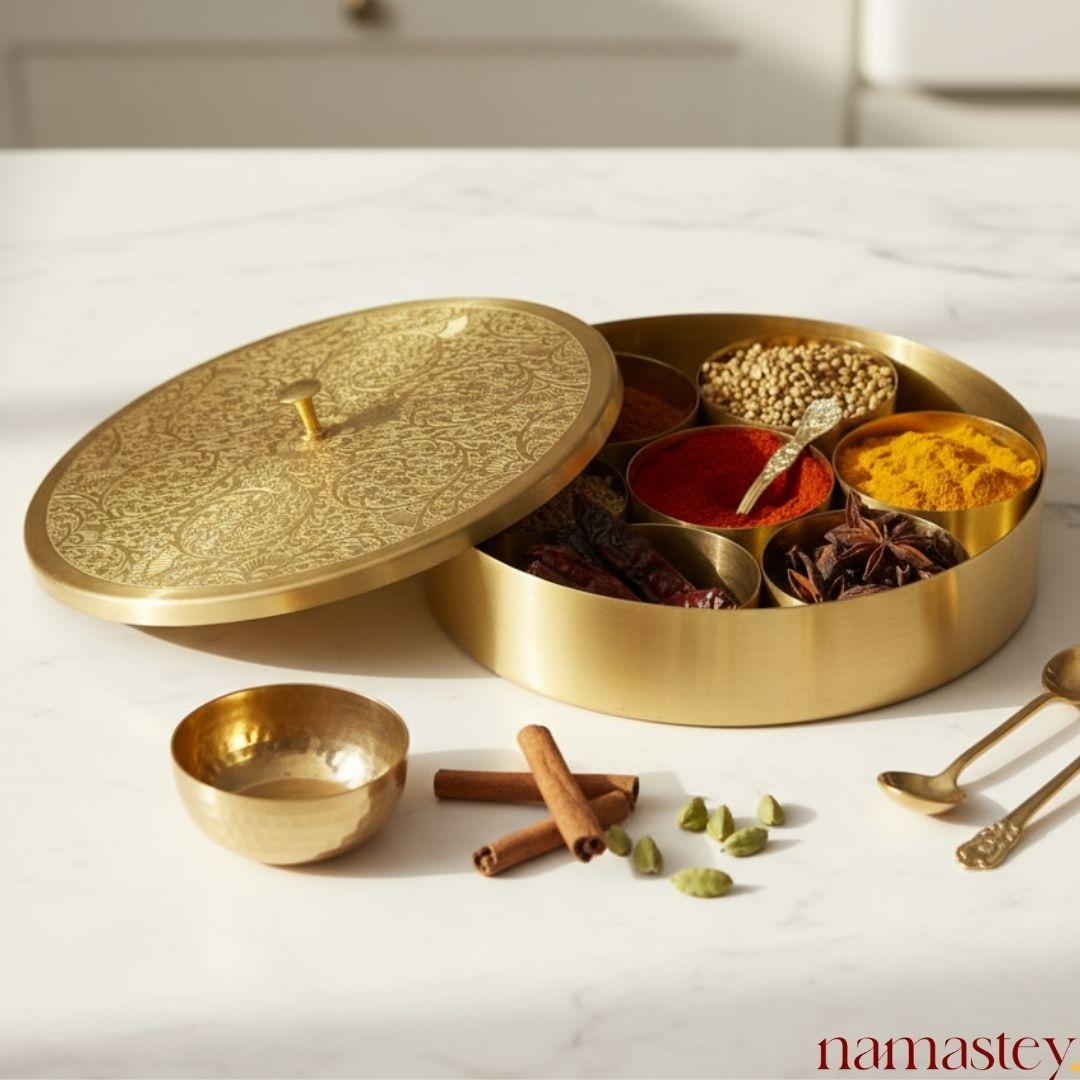 Brass Spice Box | Traditional 7- Container Indian Masala Dani