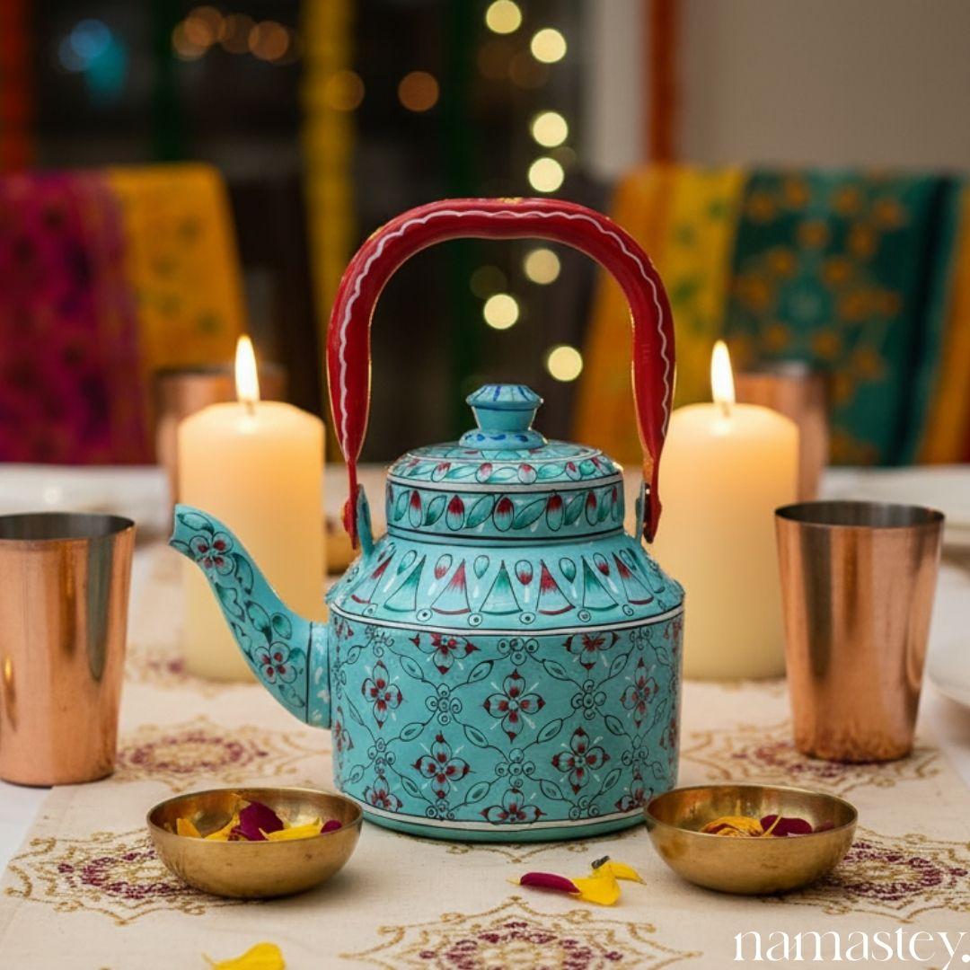 Blue Peony – Handpainted Stainless Steel Tea Kettle (1L)