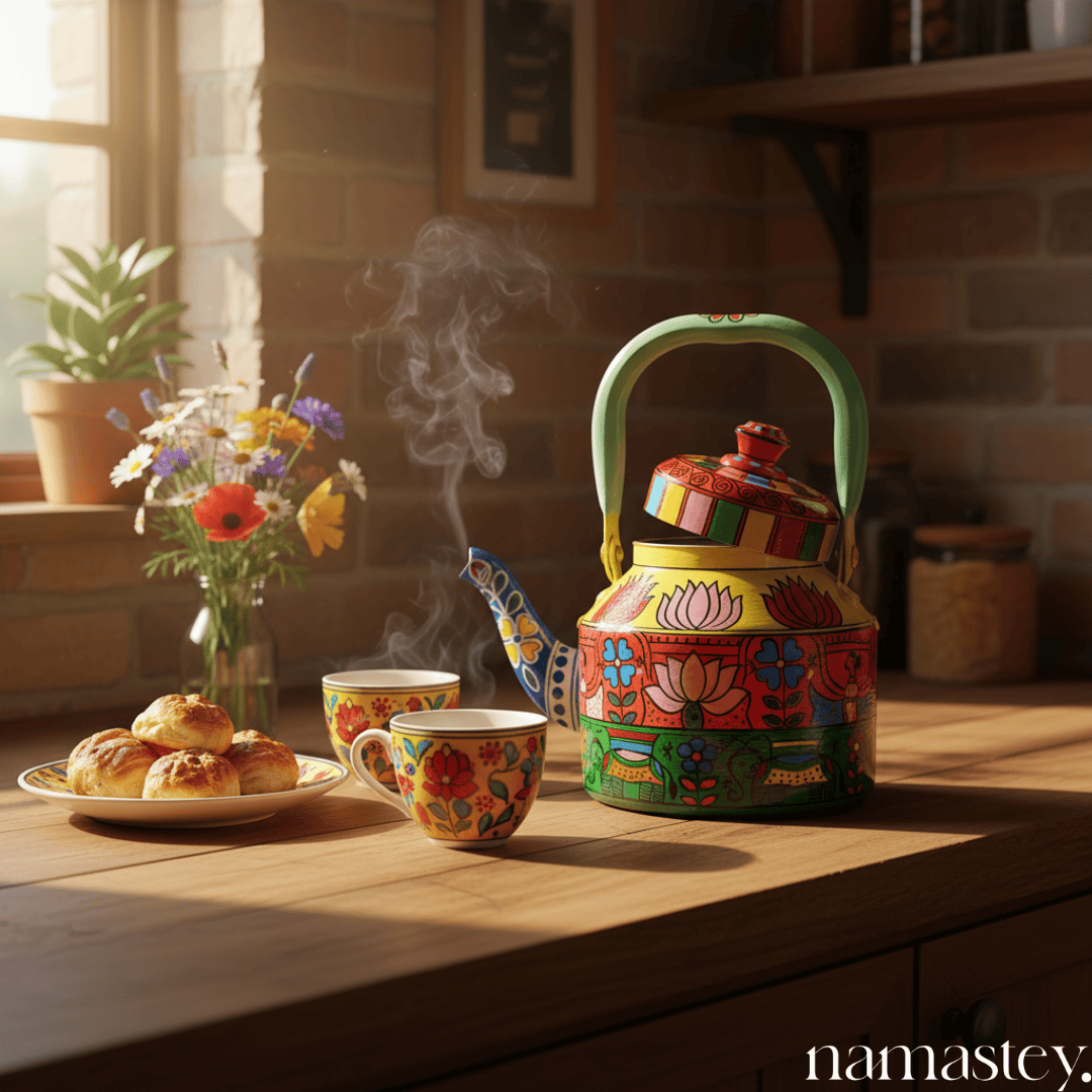 The Bazaar Bloom – Handpainted Stainless Steel Tea Kettle (1L)