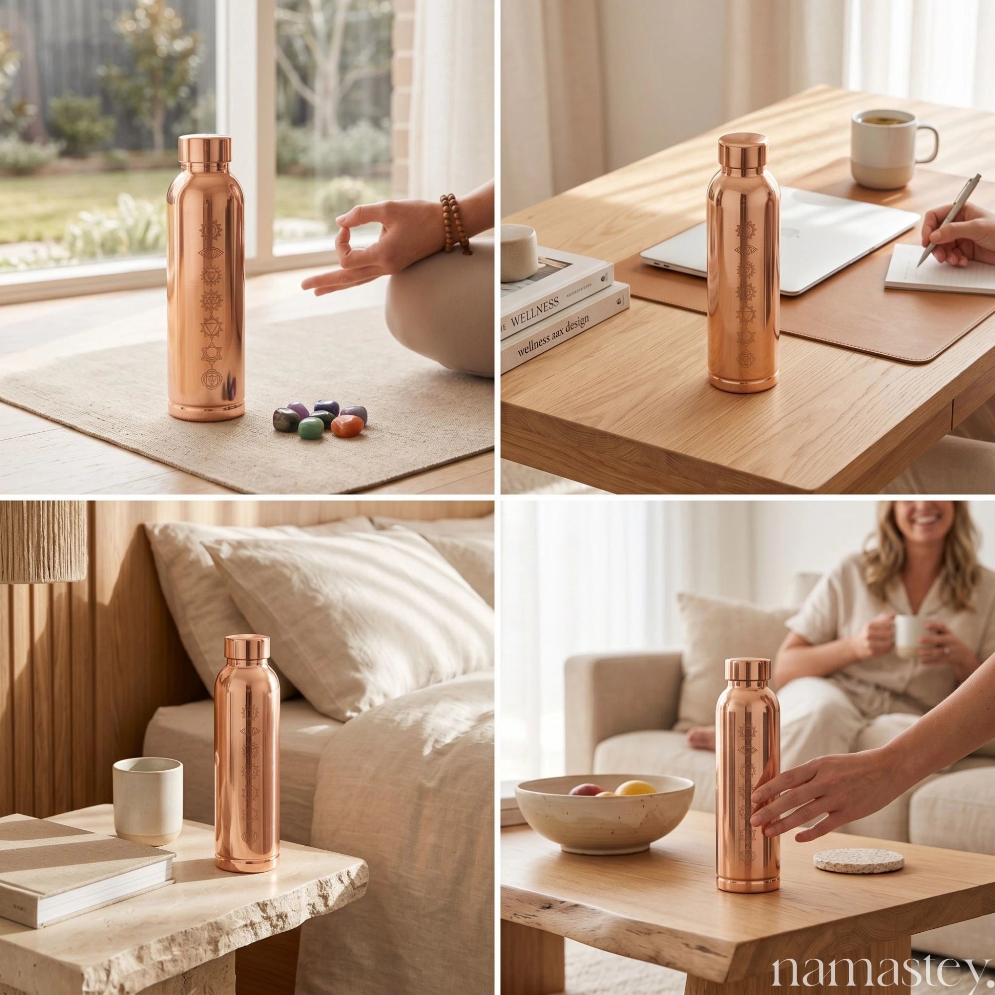 Lifestyle grid of the Chakra copper bottle during meditation, at a desk, bedside and living room