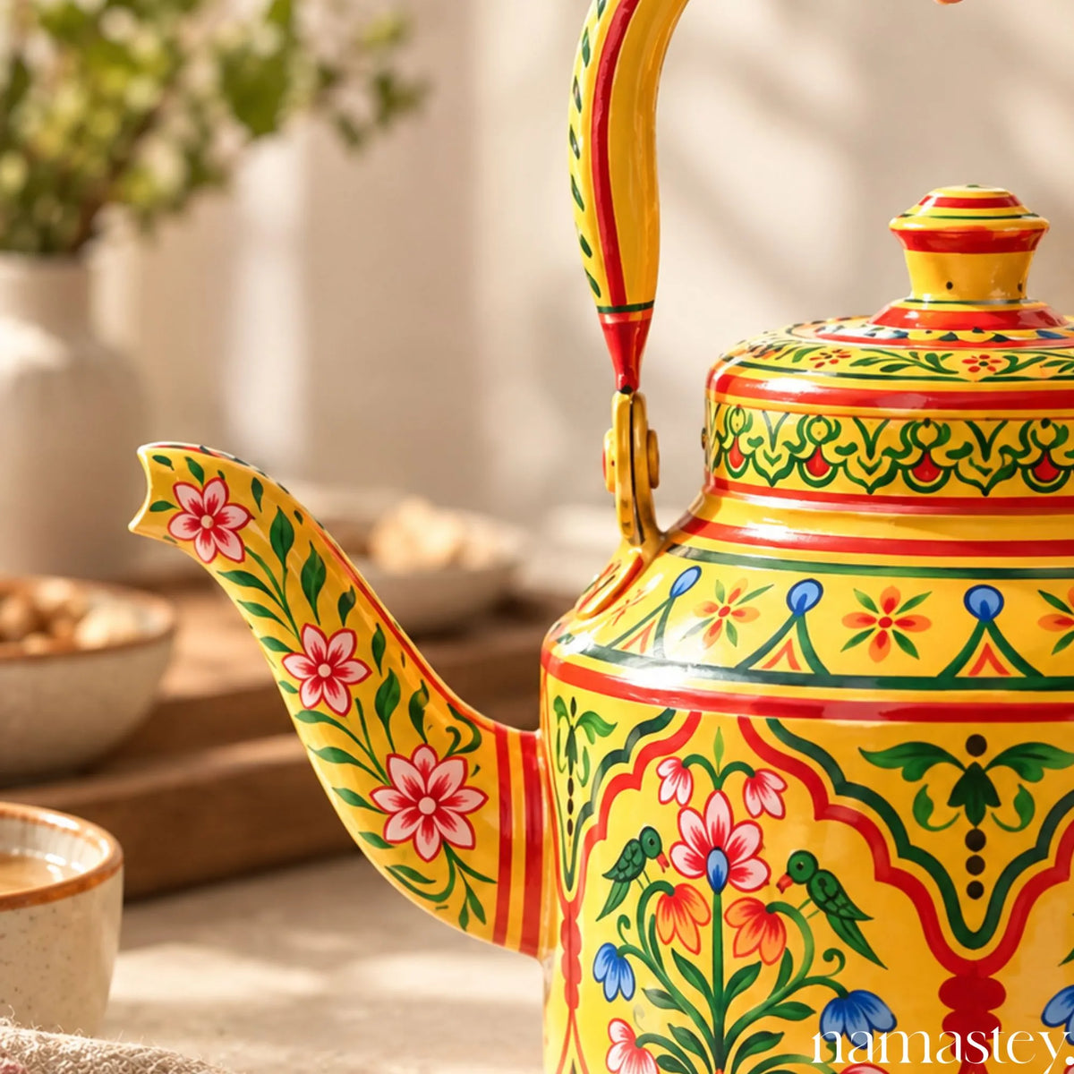 Basant Garden – Handpainted Stainless Steel Tea Kettle (1L)