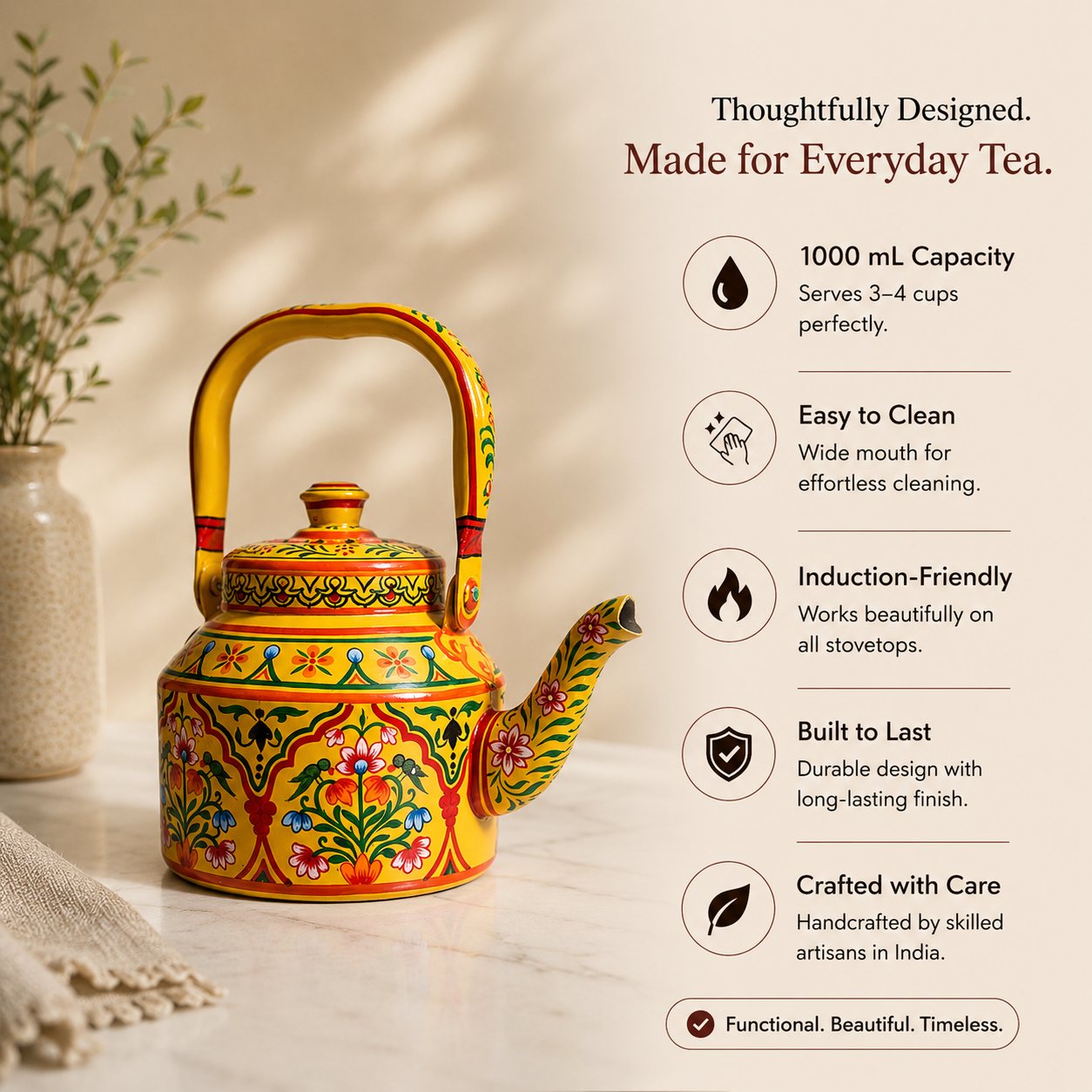 Basant Garden – Handpainted Stainless Steel Tea Kettle (1L)