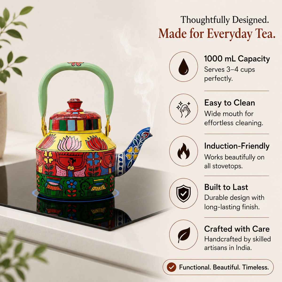 The Bazaar Bloom – Handpainted Stainless Steel Tea Kettle (1L)