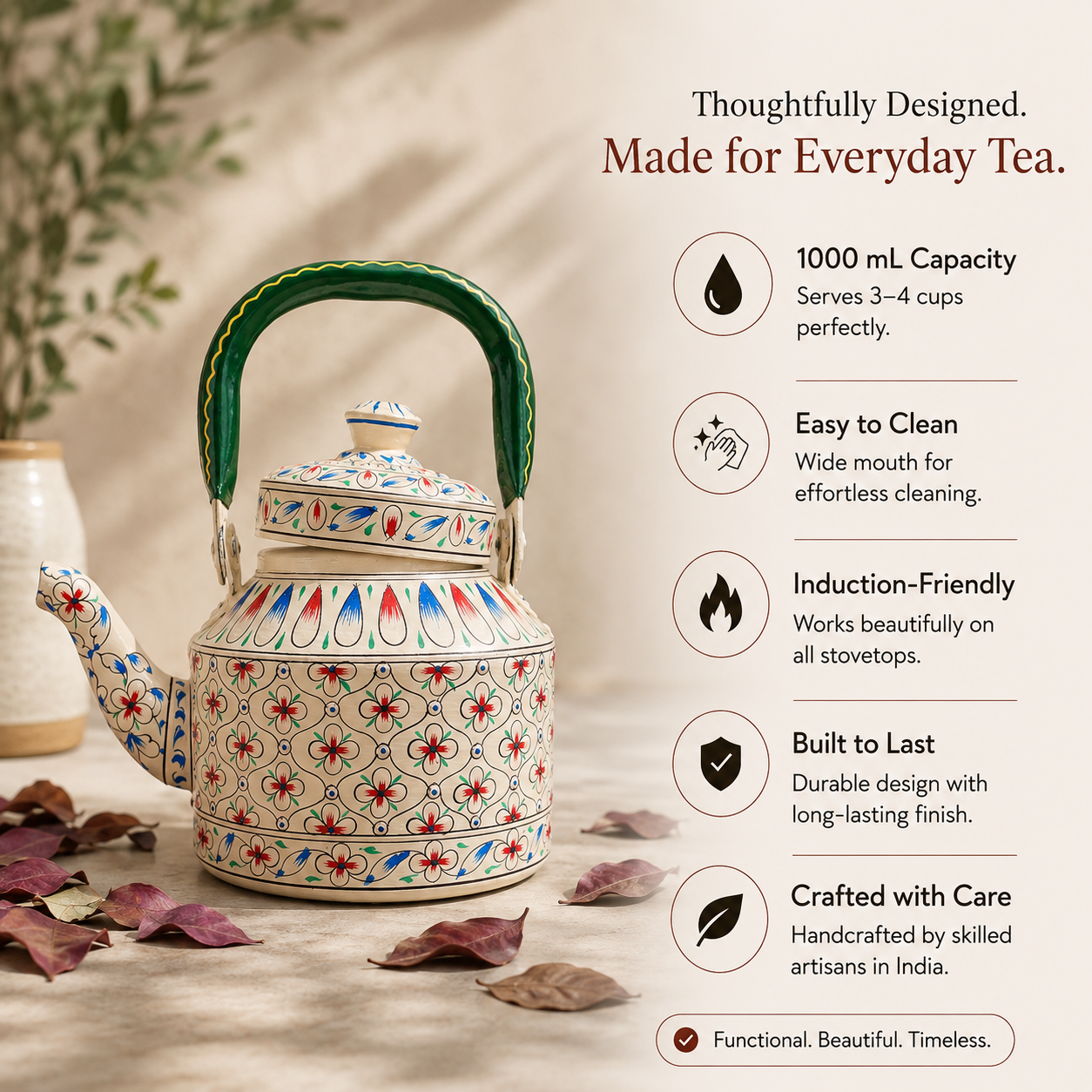 Blush Meadow – Handpainted Stainless Steel Tea Kettle (1L)