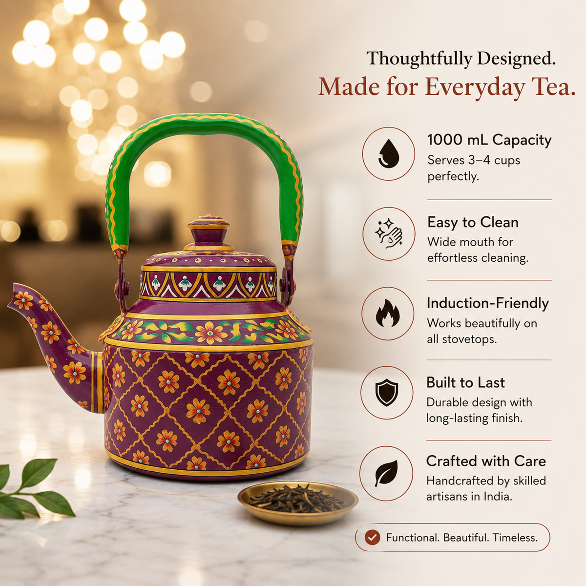 The Gulzar Royale – Handpainted Stainless Steel Tea Kettle (1L)
