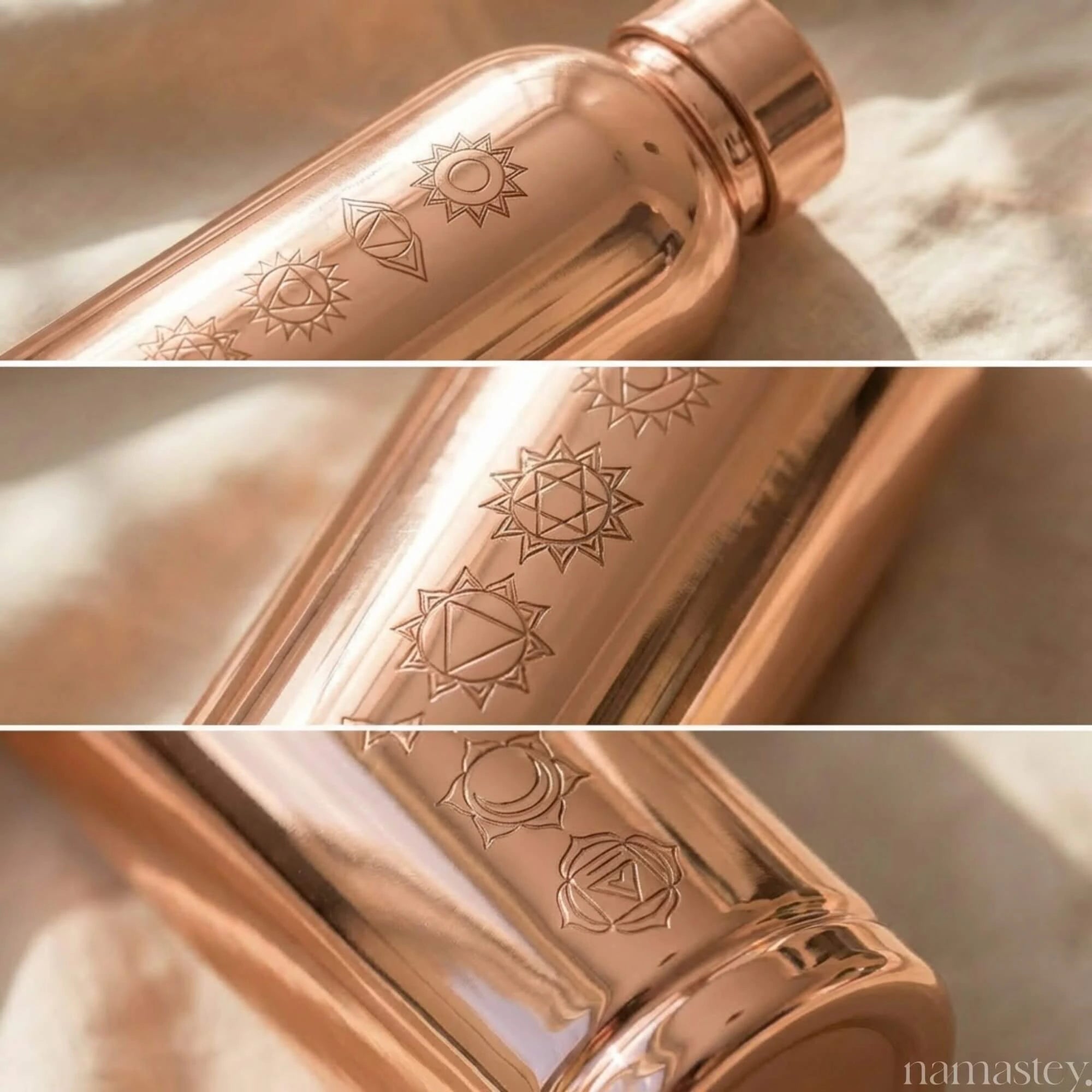 Close-up details of the seven chakra symbols engraved on the copper bottle