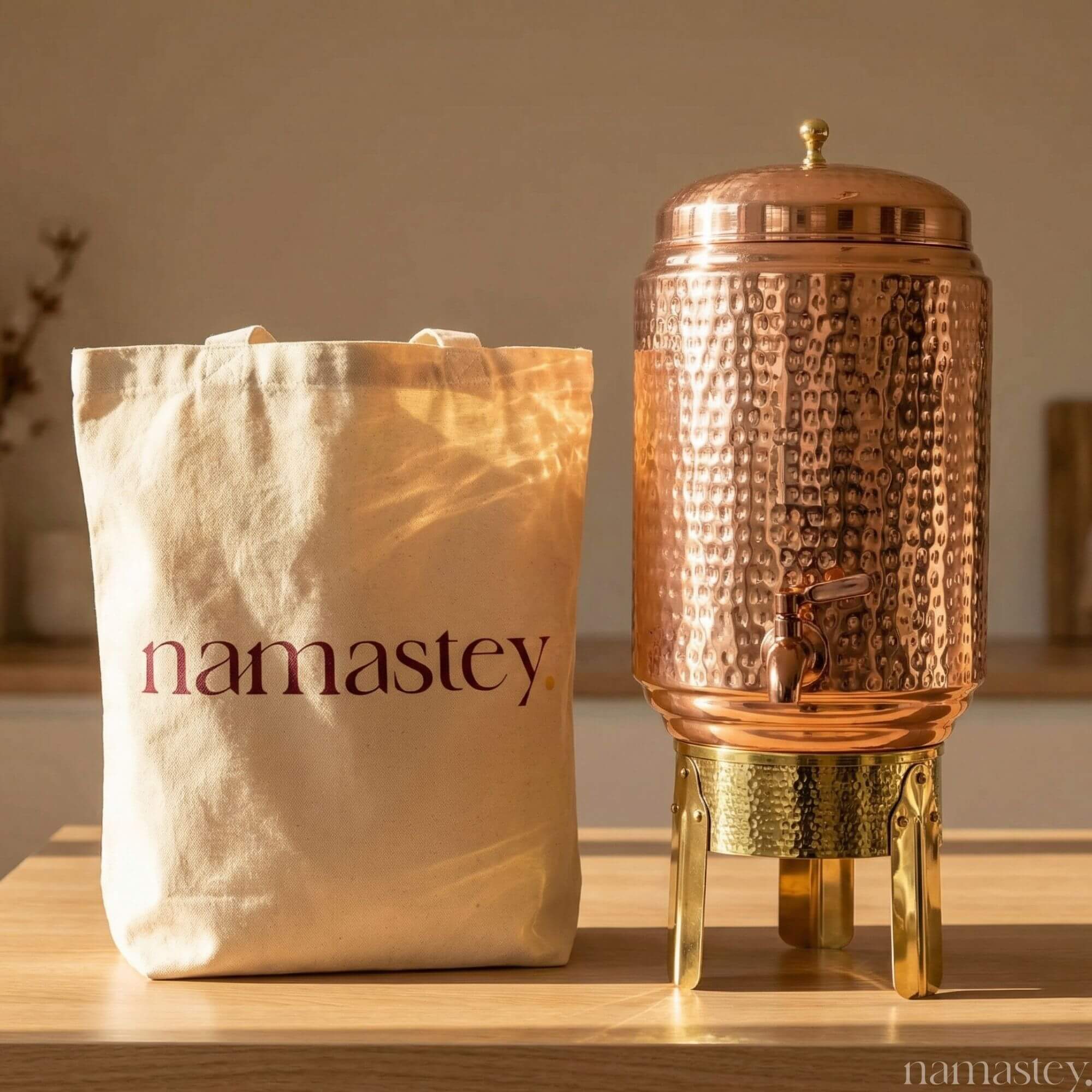 Hammered Copper Water Dispenser with Brass Stand - 8L