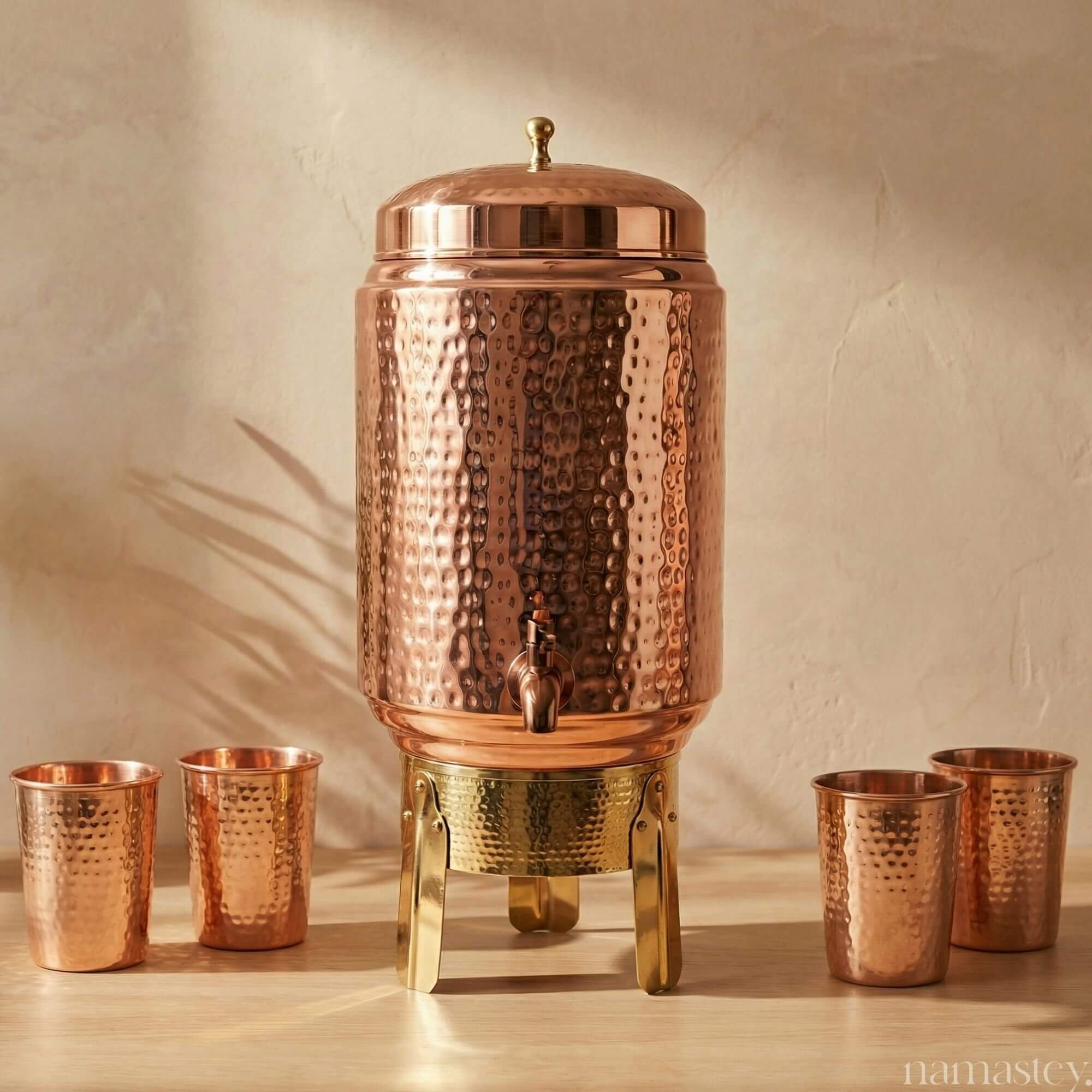 Hammered Copper Water Dispenser with Brass Stand - 8L