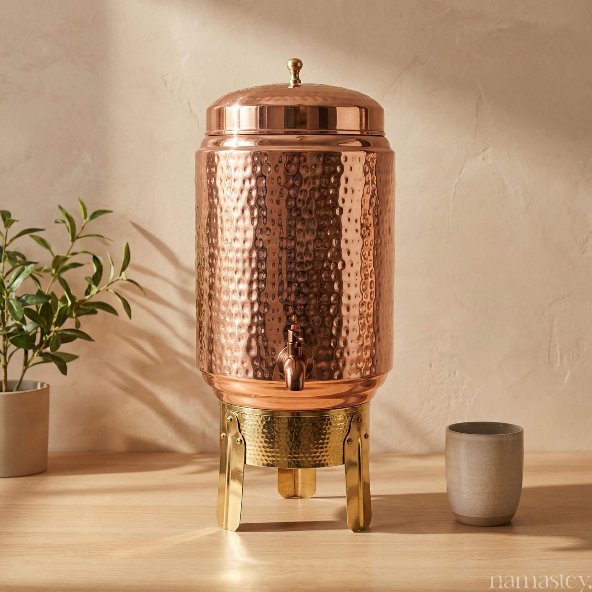 Hammered Copper Water Dispenser with Brass Stand - 8L