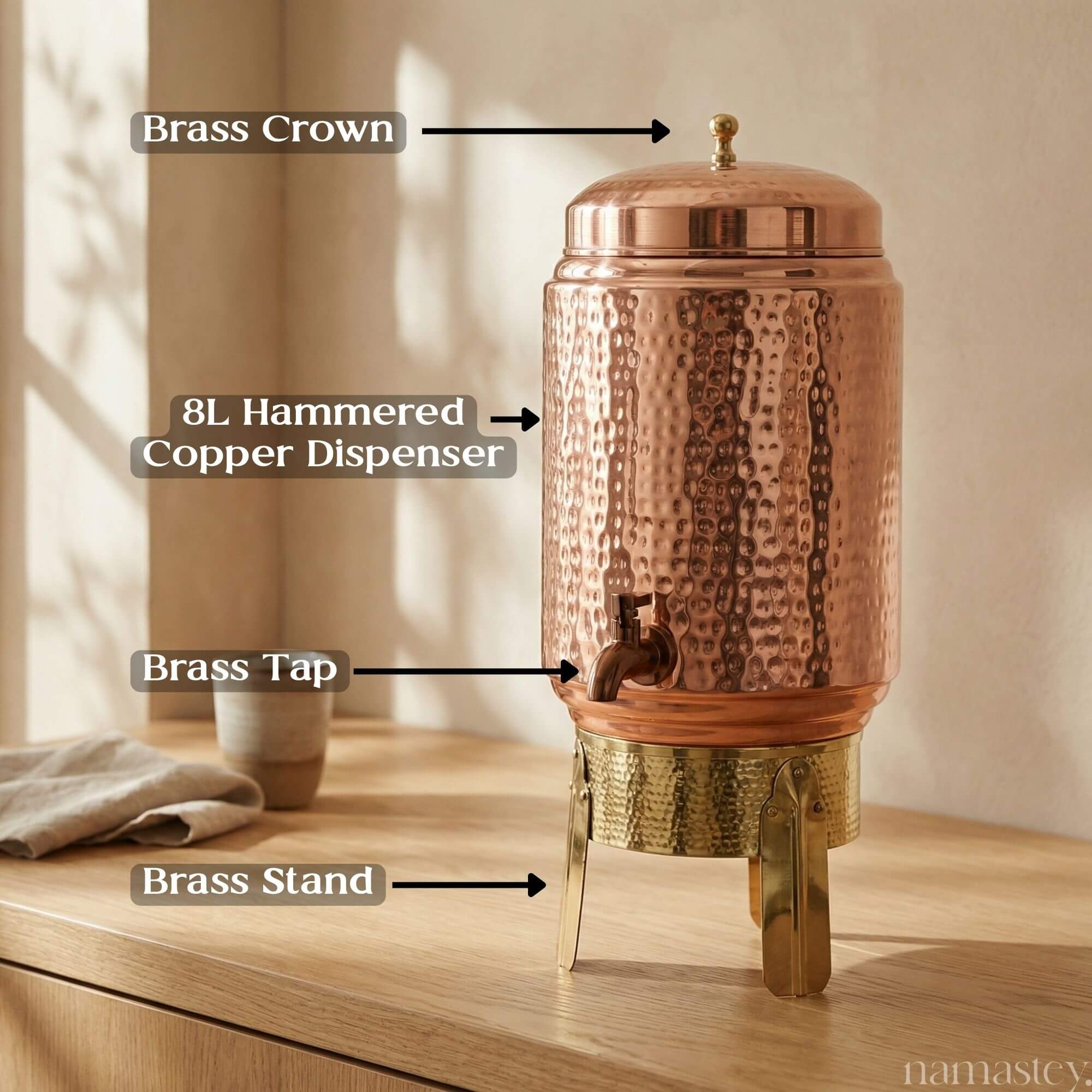Hammered Copper Water Dispenser with Brass Stand - 8L
