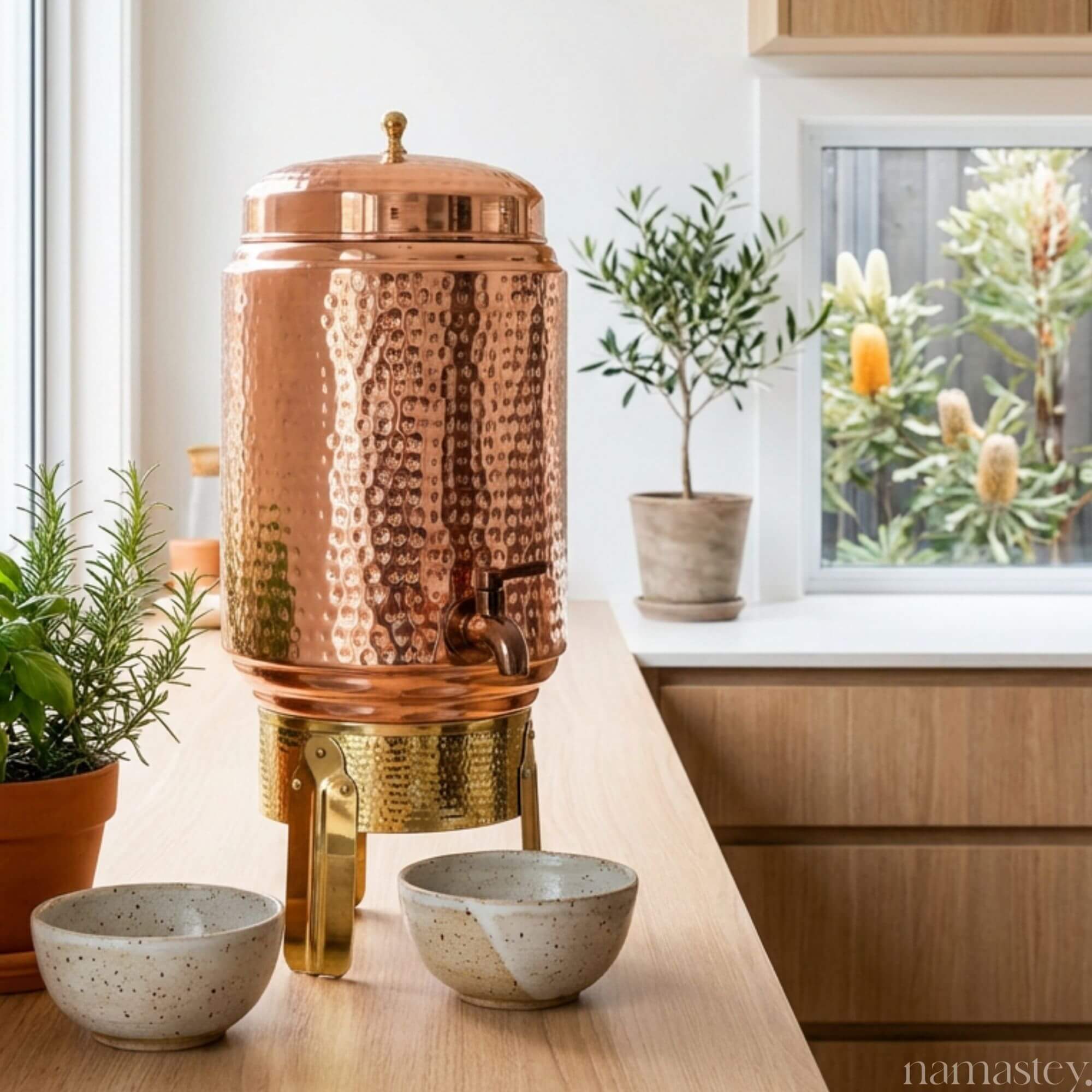Hammered Copper Water Dispenser with Brass Stand - 8L