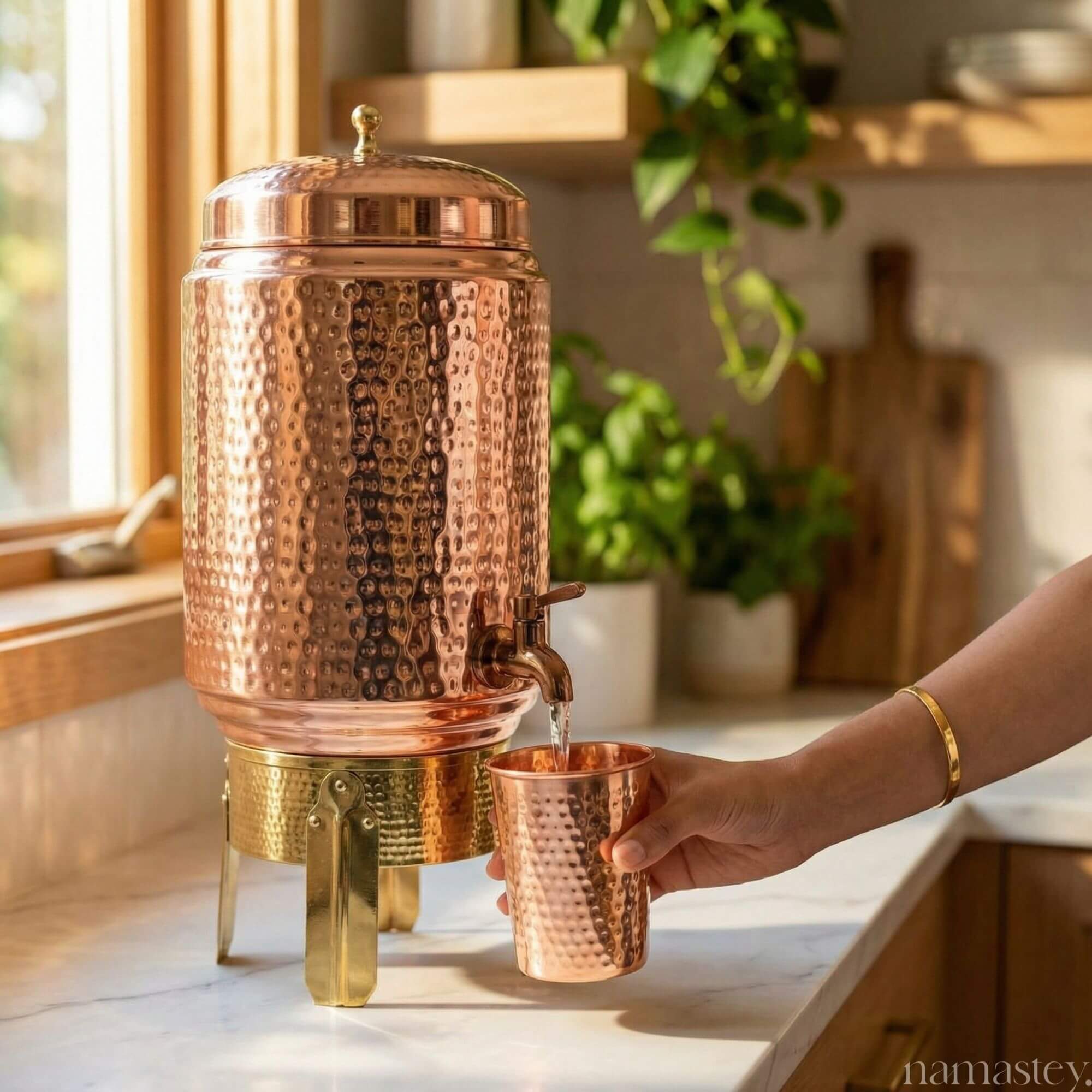 Hammered Copper Water Dispenser with Brass Stand - 8L