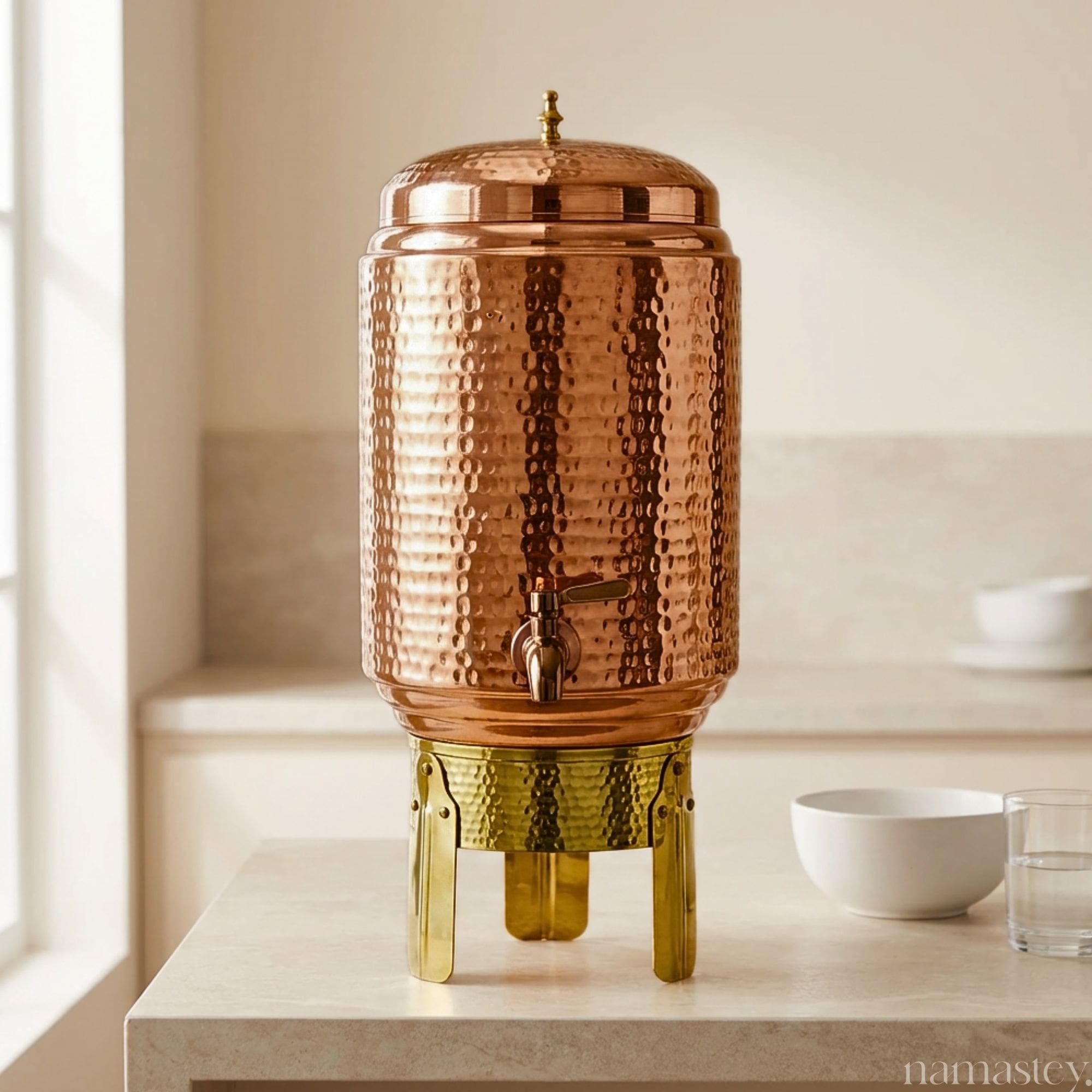 Hammered Copper Water Dispenser with Brass Stand - 8L