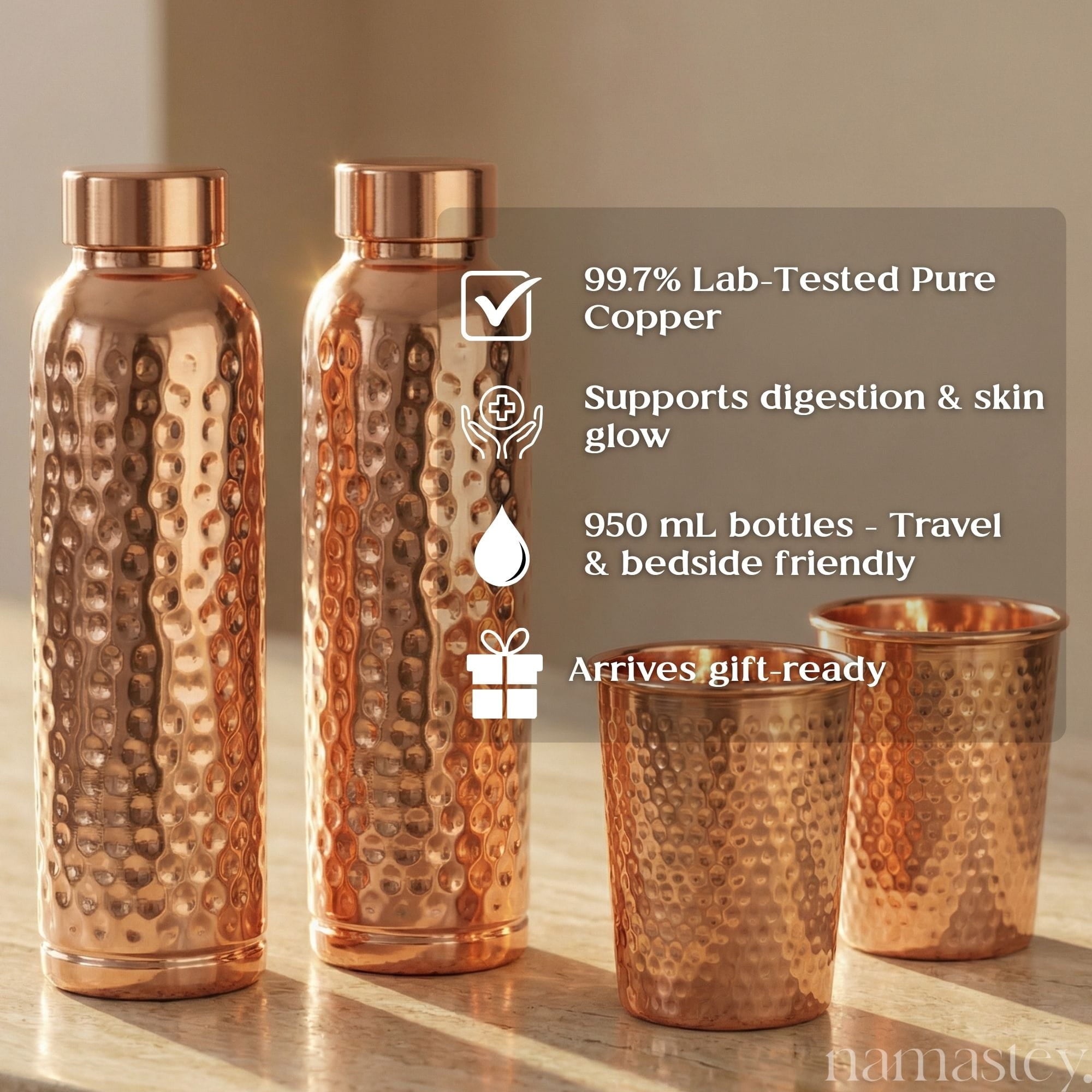 The Morning Ritual Set — Copper Bottles + Copper Glasses (2)