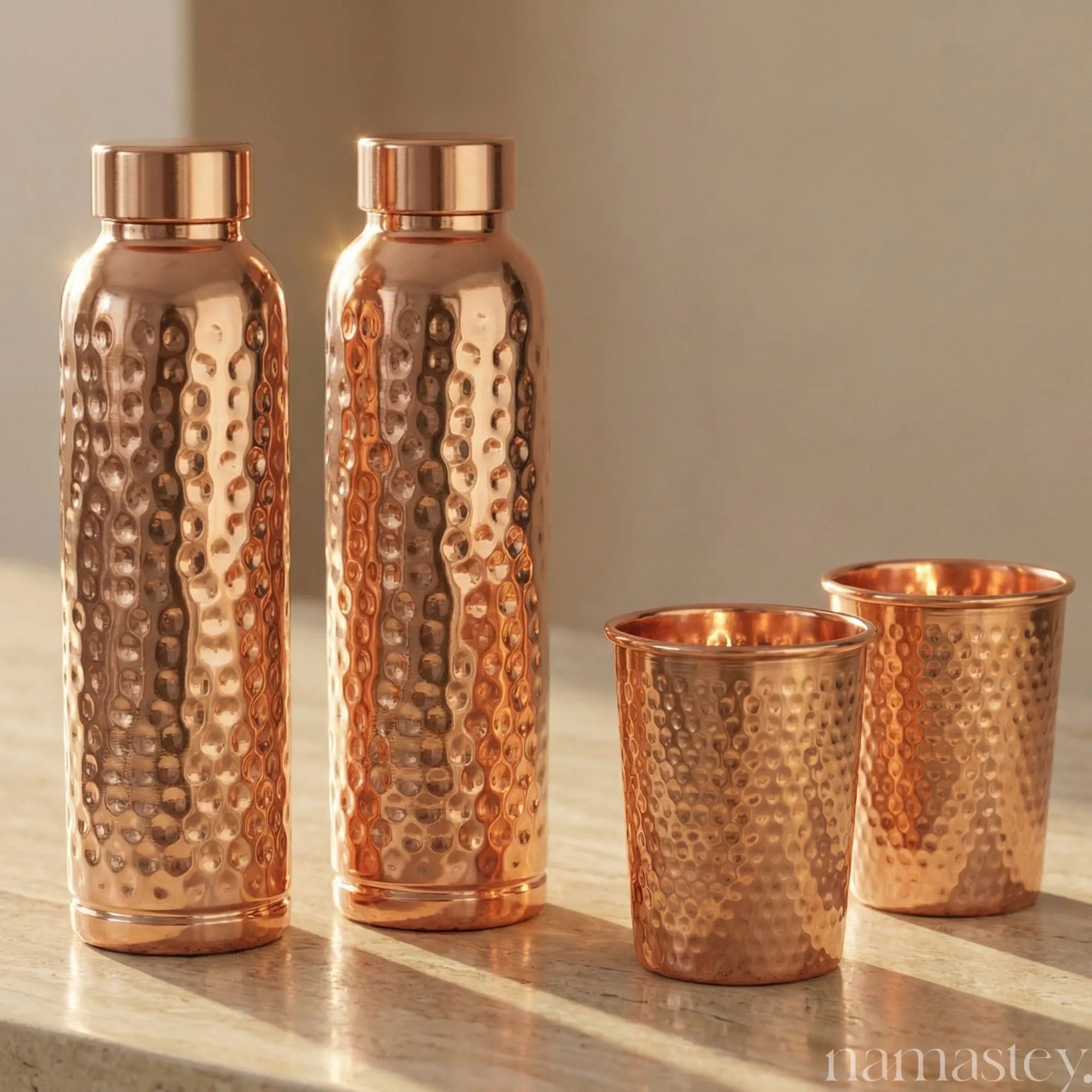 The Morning Ritual Set — Copper Bottles + Copper Glasses (2)