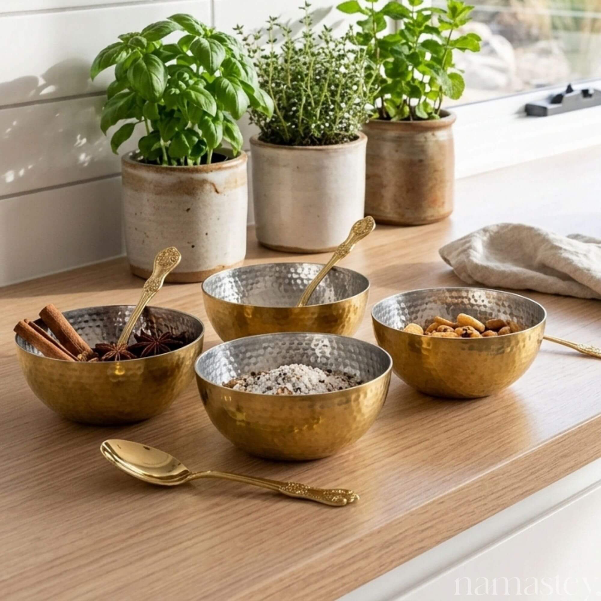 The Artisan Table — Brass Bowls & Spoons Set