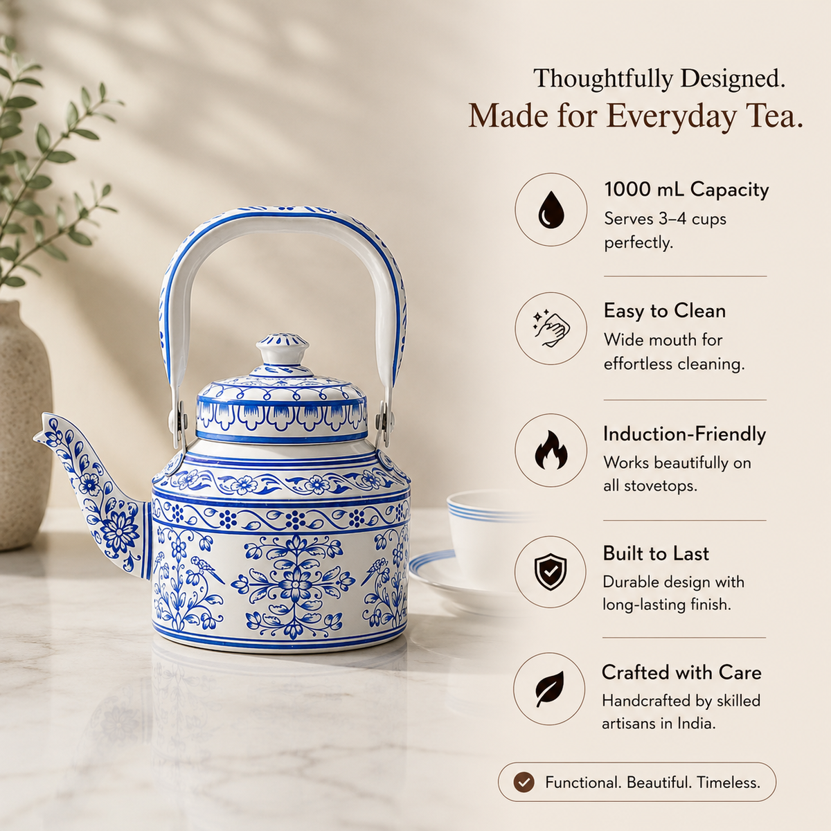 Midnight Indigo – Handpainted Stainless Steel Tea Kettle (1L)