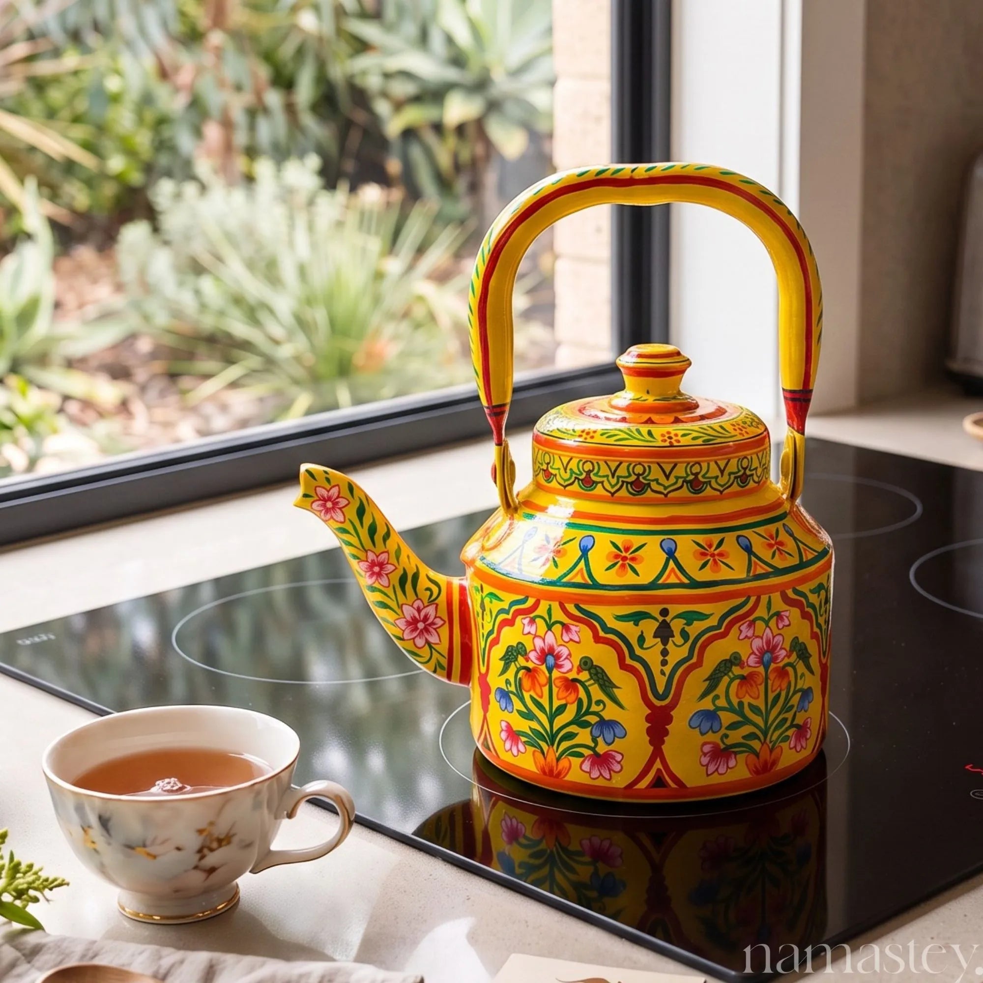 Basant Garden – Handpainted Stainless Steel Tea Kettle (1L)