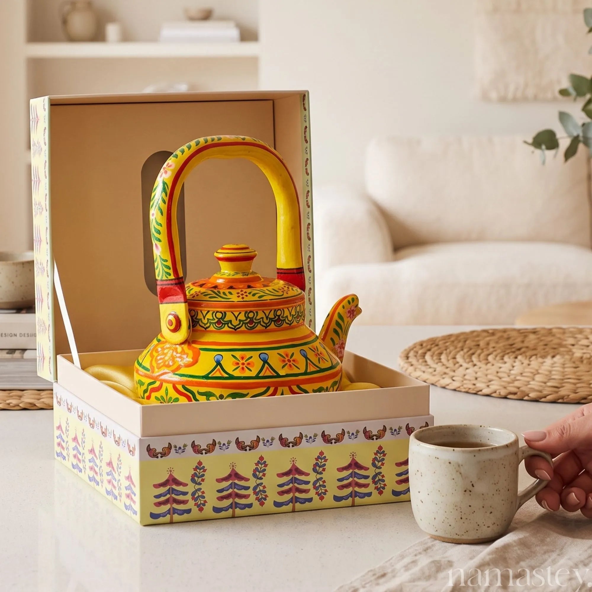 Basant Garden – Handpainted Stainless Steel Tea Kettle (1L)