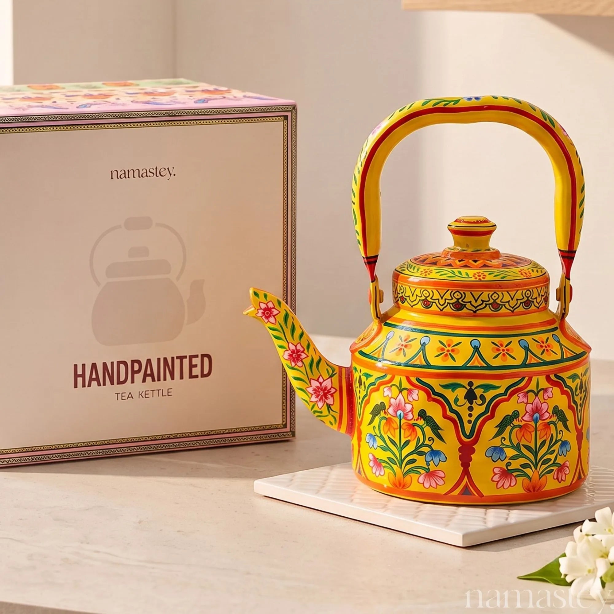 Basant Garden – Handpainted Stainless Steel Tea Kettle (1L)