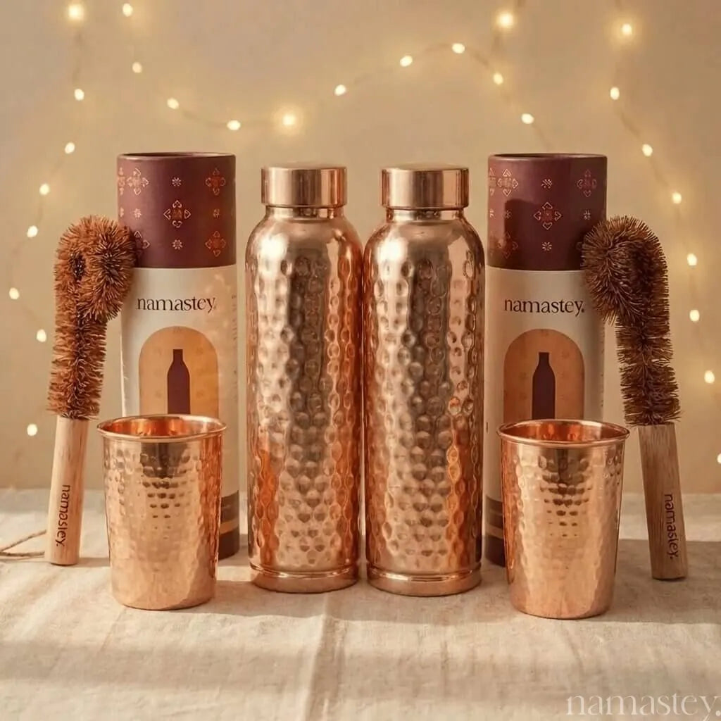 The Morning Ritual Set — Copper Bottles + Copper Glasses (2)