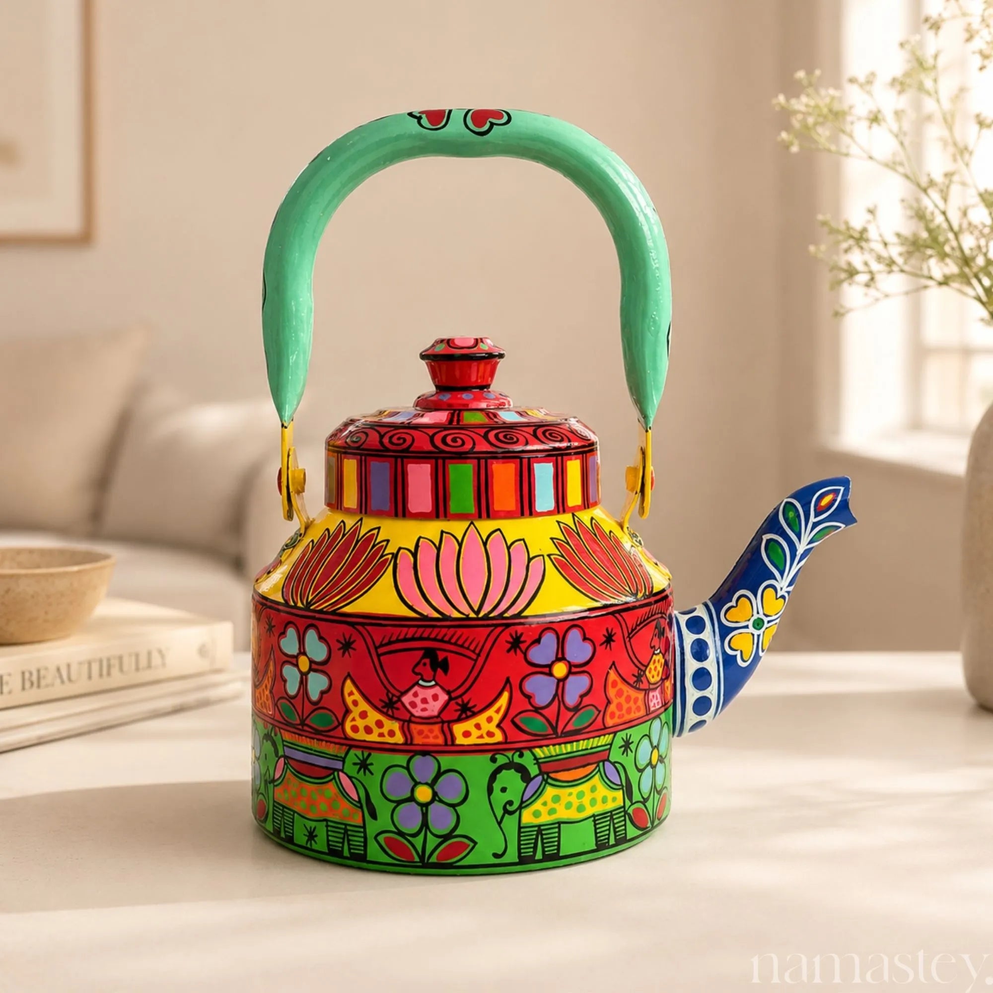 The Bazaar Bloom – Handpainted Stainless Steel Tea Kettle (1L)