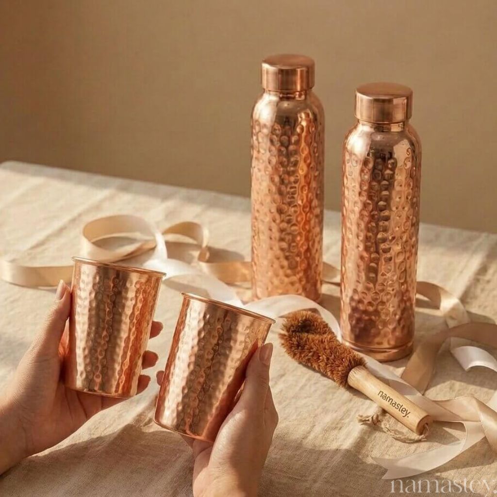 The Morning Ritual Set — Copper Bottles + Copper Glasses (2)