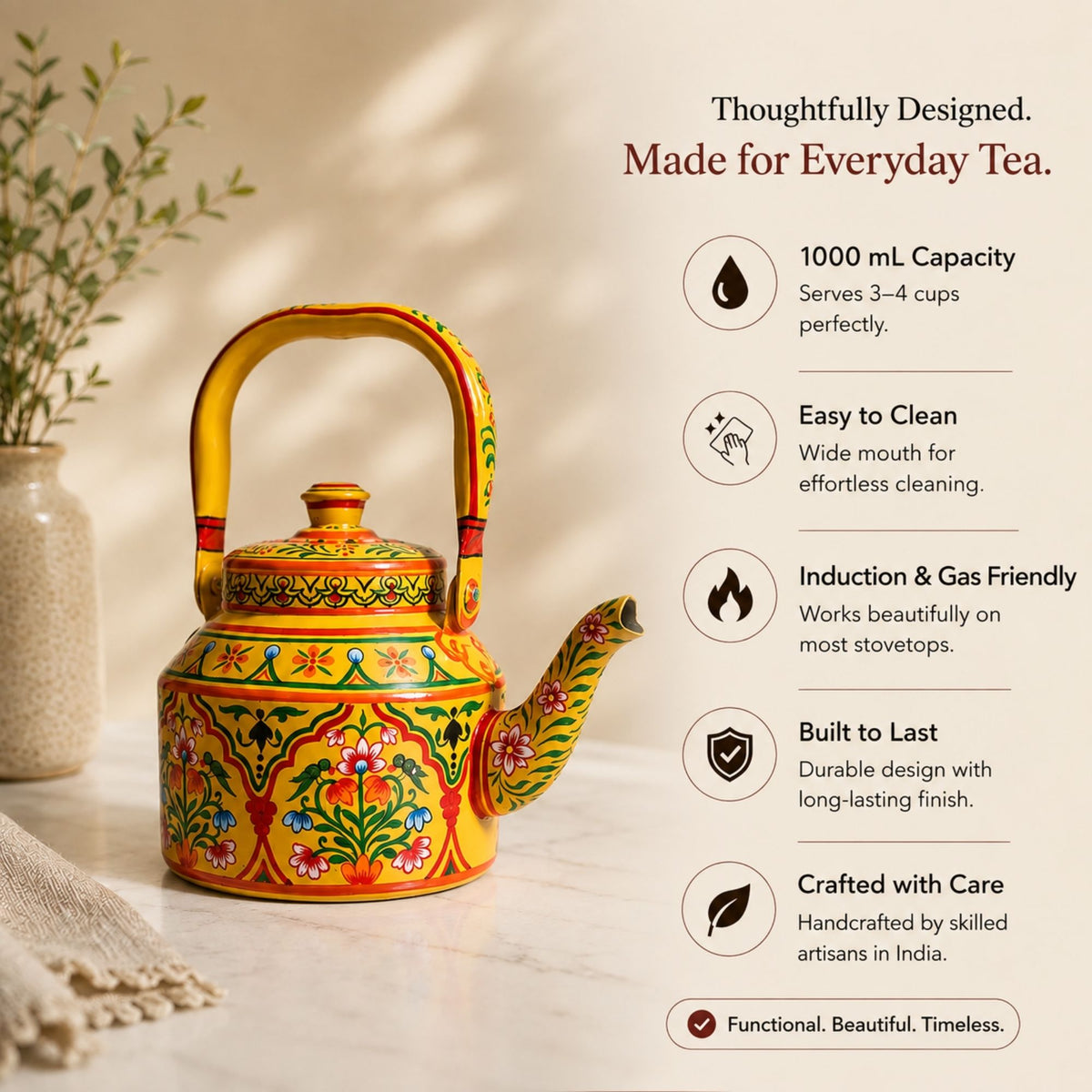 Basant Garden – Handpainted Stainless Steel Tea Kettle (1L)