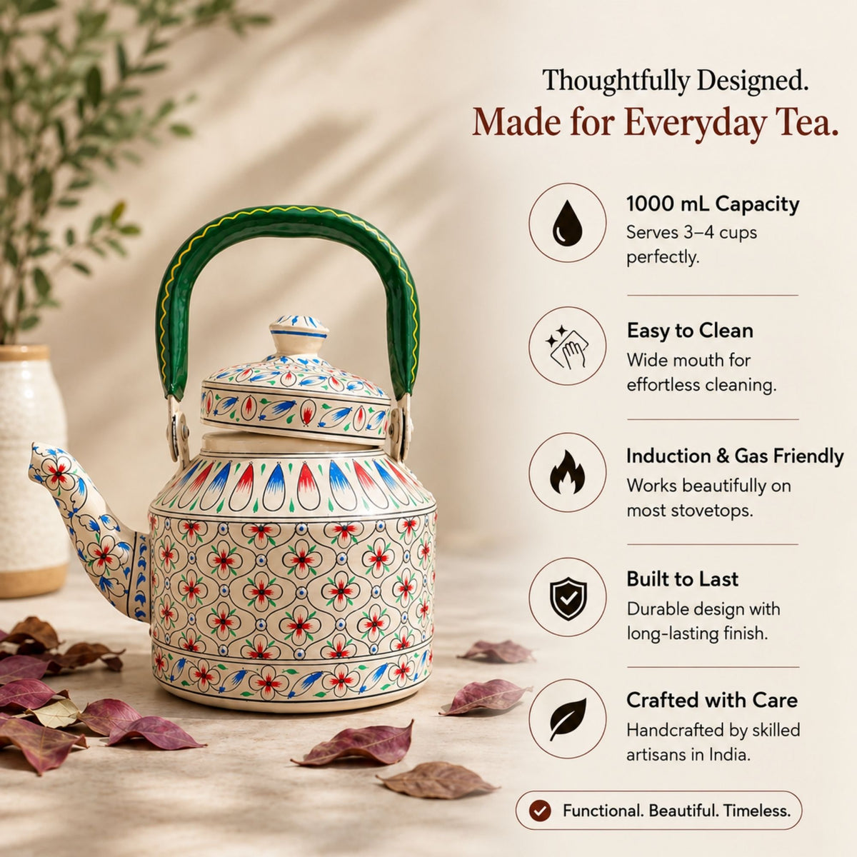 Blush Meadow – Handpainted Stainless Steel Tea Kettle (1L)