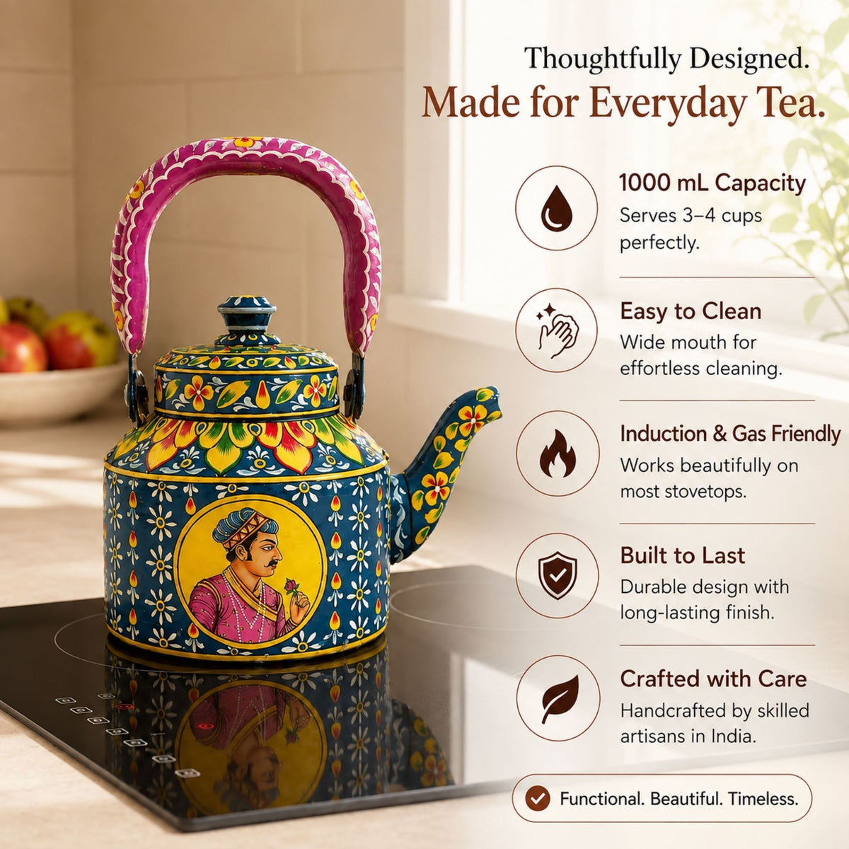 The Royal Bloom – Handpainted Stainless Steel Tea Kettle (1L)