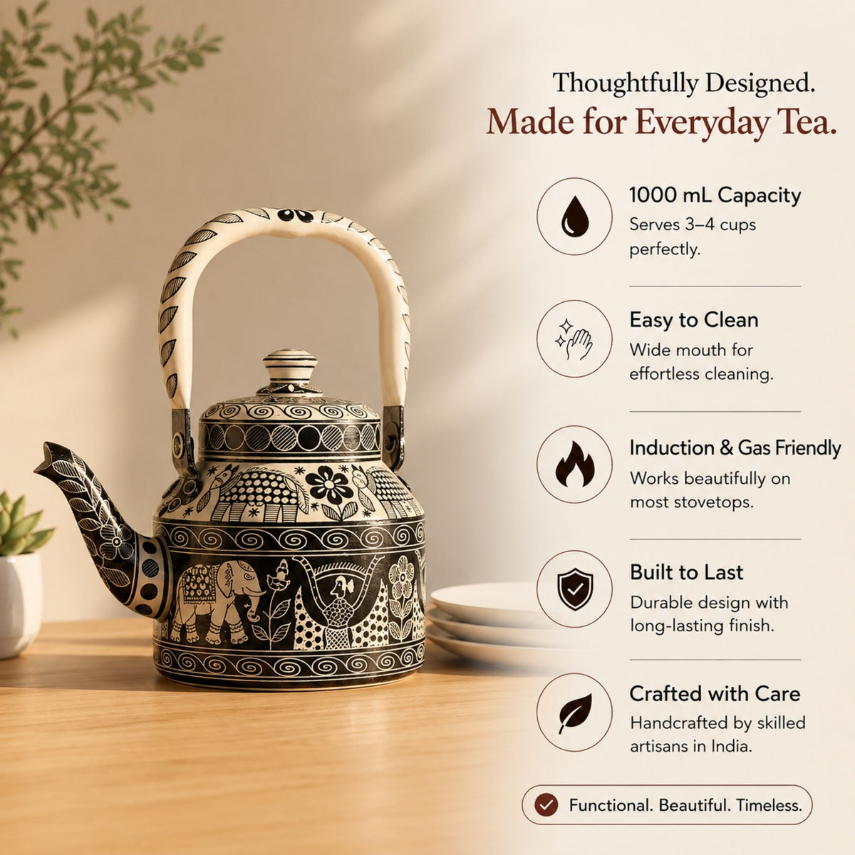 The Monochrome Folk – Handpainted Stainless Steel Tea Kettle (1L)