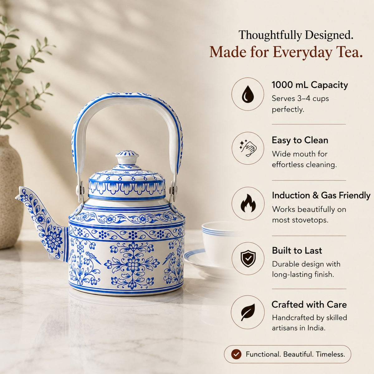 Midnight Indigo – Handpainted Stainless Steel Tea Kettle (1L)