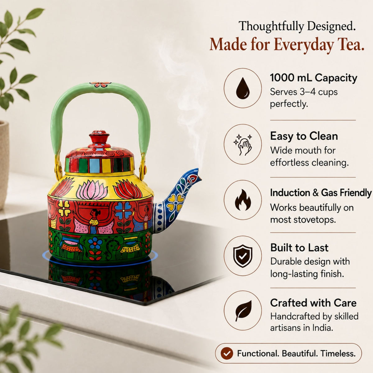 The Bazaar Bloom – Handpainted Stainless Steel Tea Kettle (1L)