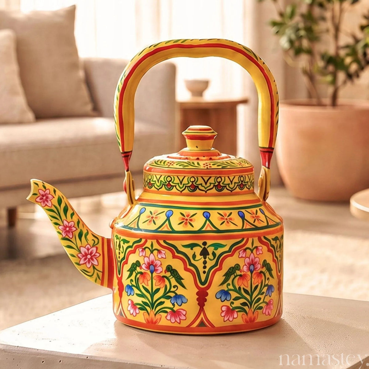 Basant Garden – Handpainted Stainless Steel Tea Kettle (1L)