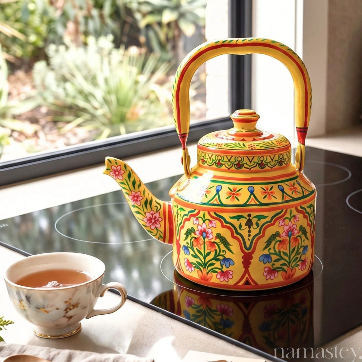 Basant Garden – Handpainted Stainless Steel Tea Kettle (1L)