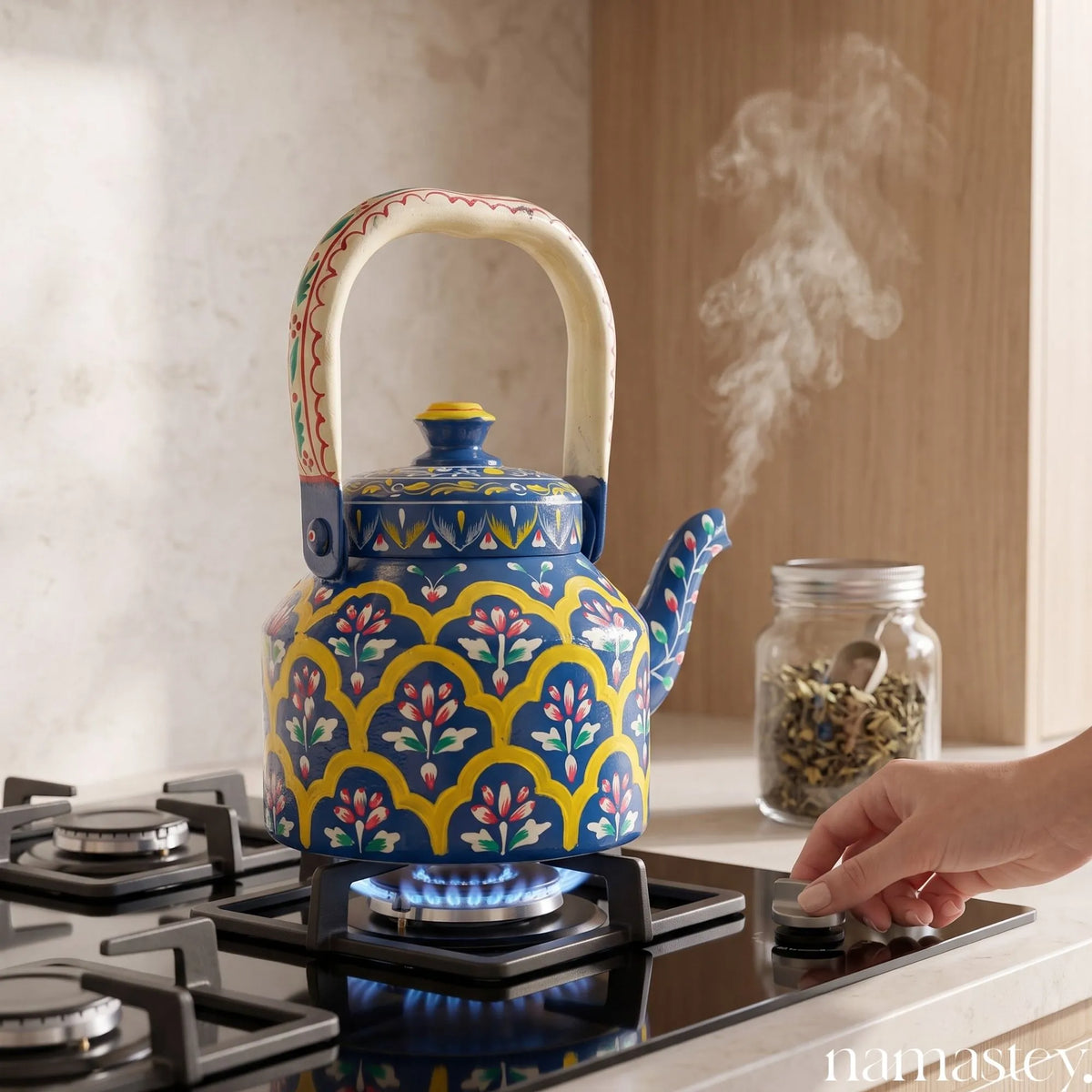 The Indigo Archway – Handpainted Stainless Steel Tea Kettle (1L)