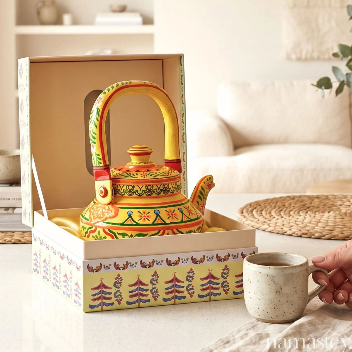 Basant Garden – Handpainted Stainless Steel Tea Kettle (1L)
