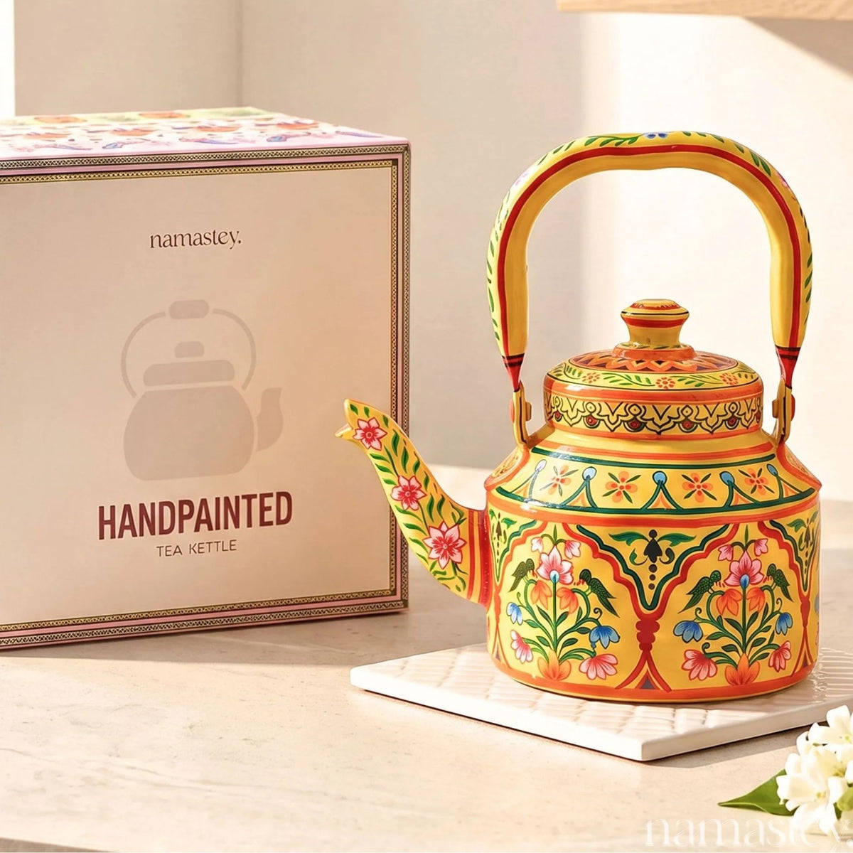 Basant Garden – Handpainted Stainless Steel Tea Kettle (1L)