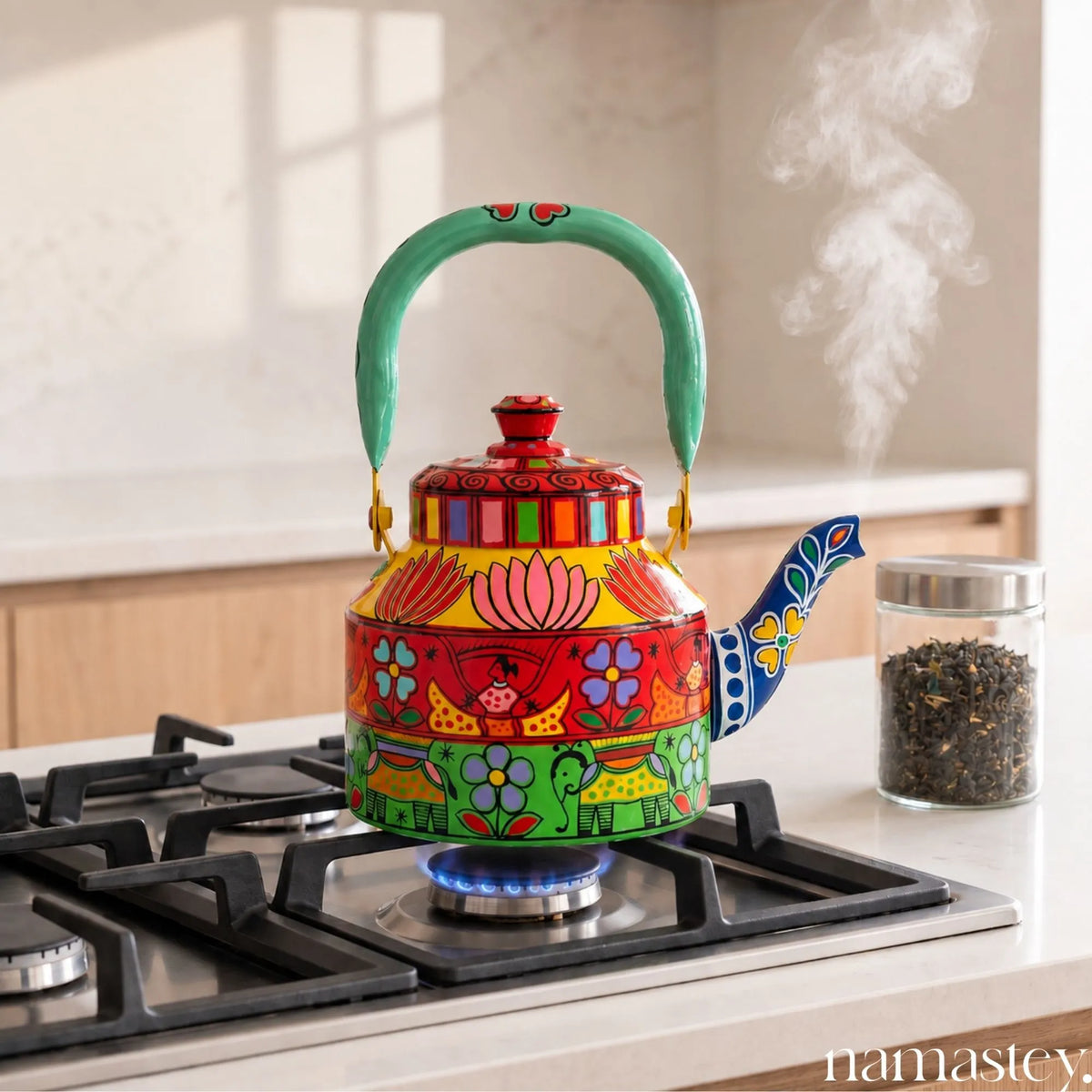 The Bazaar Bloom – Handpainted Stainless Steel Tea Kettle (1L)