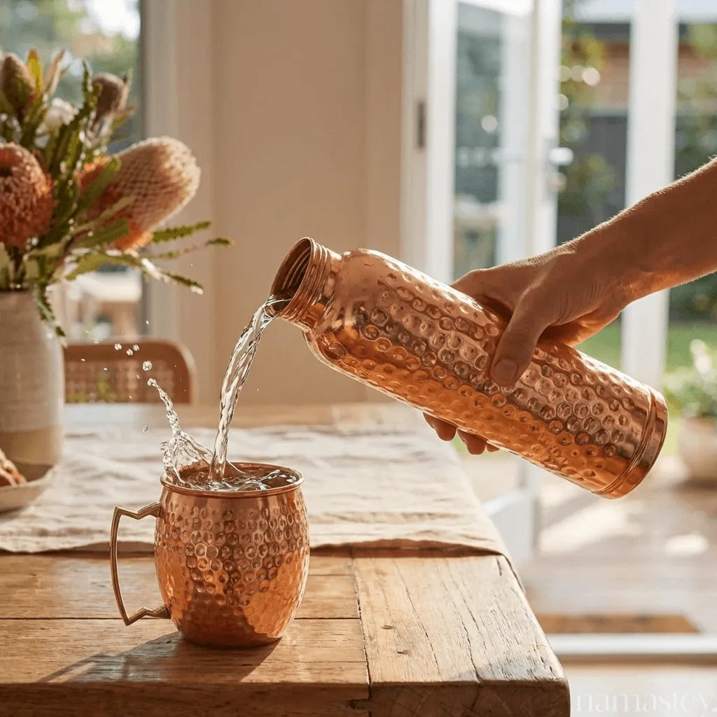 Water poured from a copper bottle into a copper mule mug on a dining table