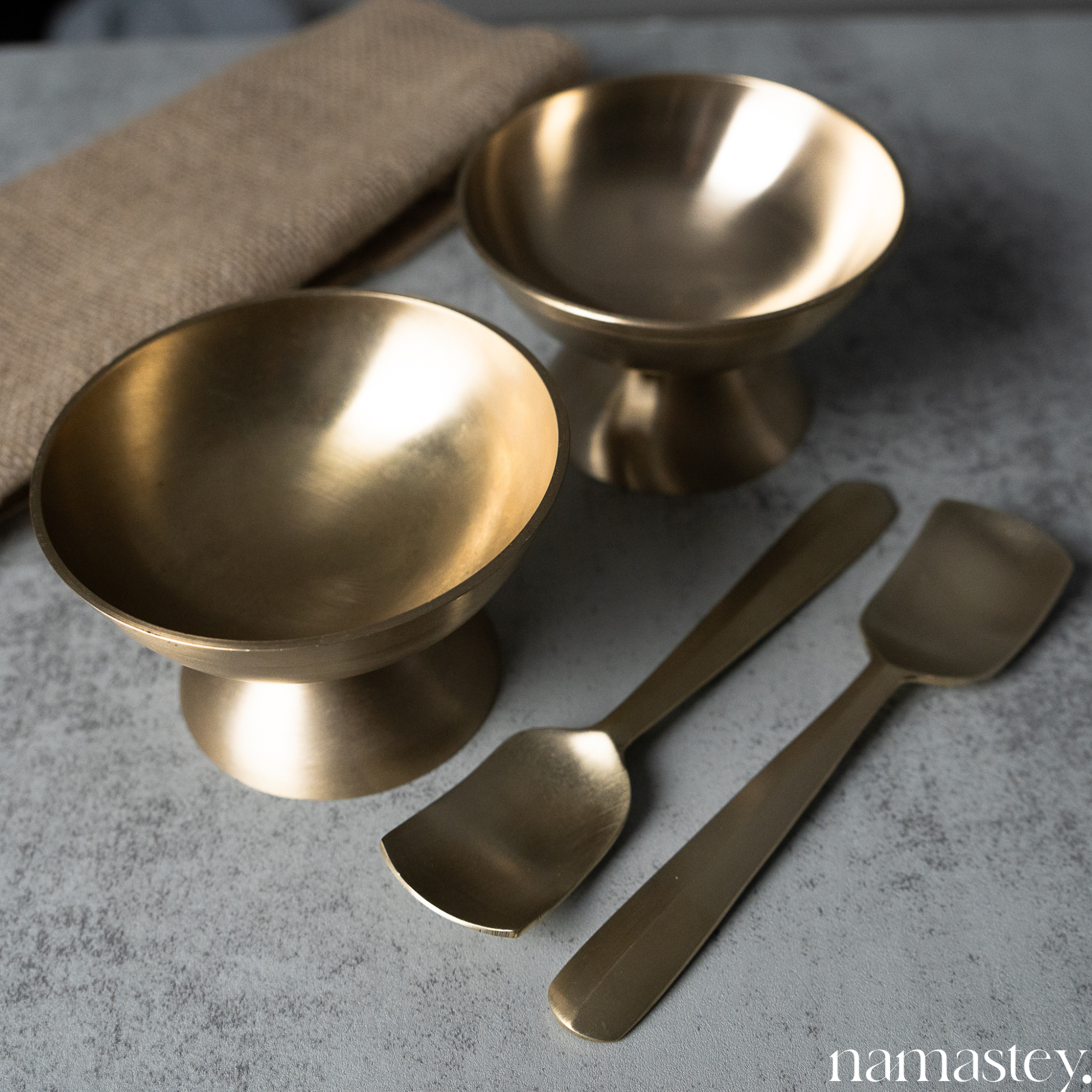 Delicate Kansa (Bronze) Ice Cream Bowl Set of Two with Spoons  | Ice Cream Bowl with Spoon for Sorbets, Ice Treats and Sweets [Set of 2]